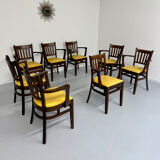 Lot de 8 anciennes chaises fauteuils de bistrot en bois et simili jaune 80’