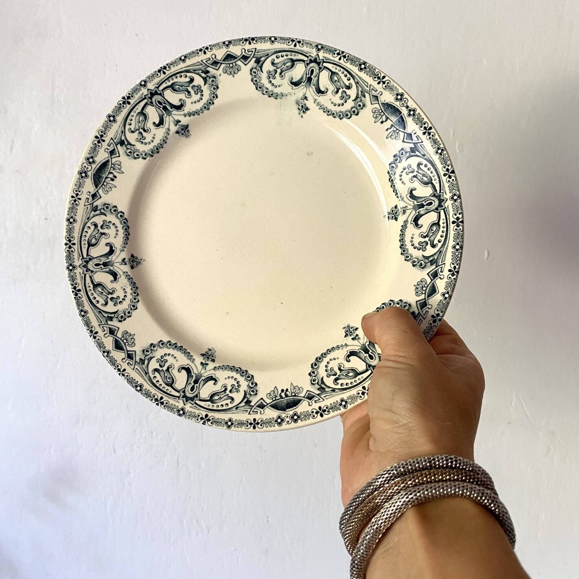 Assiettes plates anciennes Terre de Fer bleu encre début XXe
