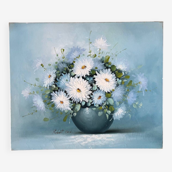 Tableau : huile sur toile nature morte au bouquet de Dalhias blancs