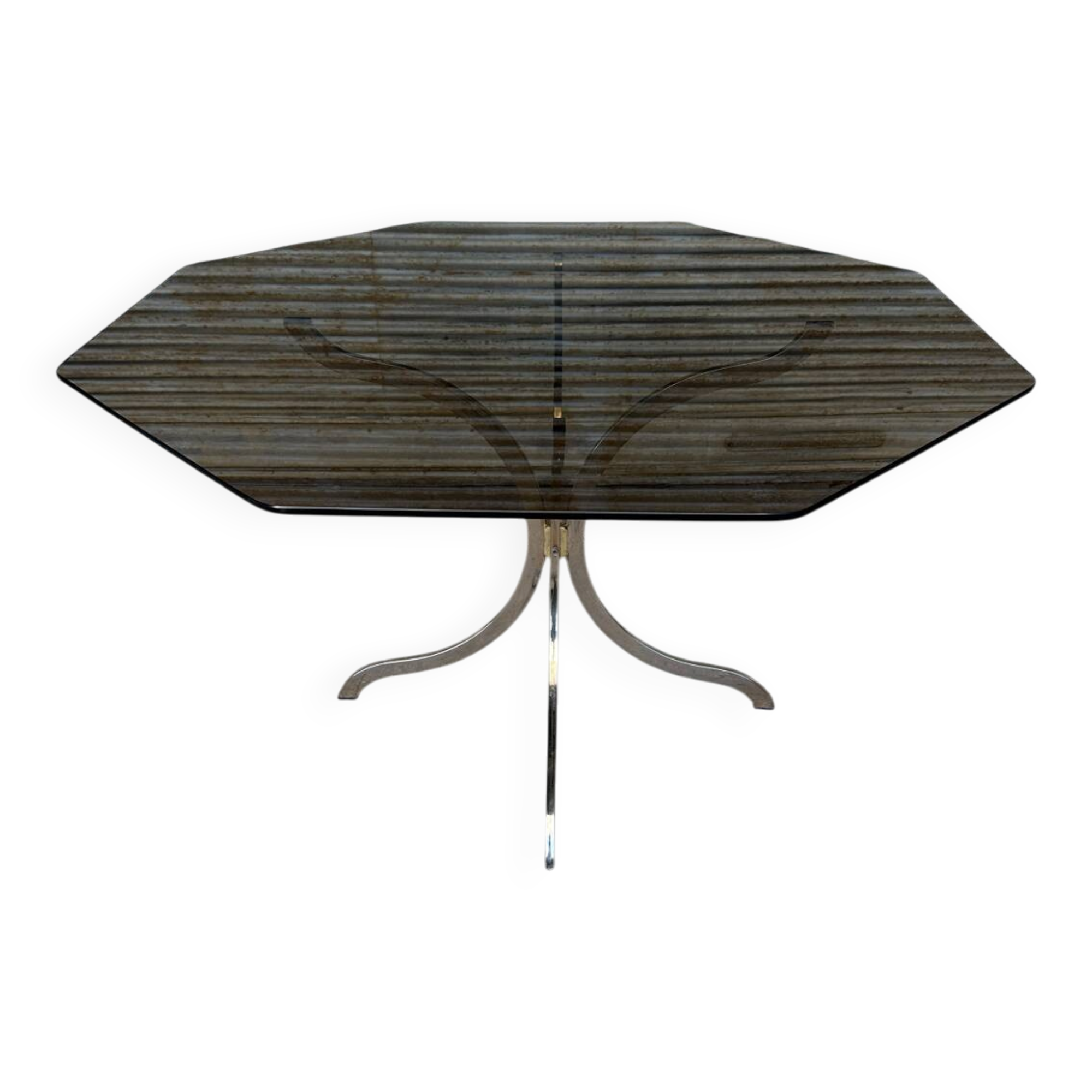 1970s table – chrome, brass, and smoked glass