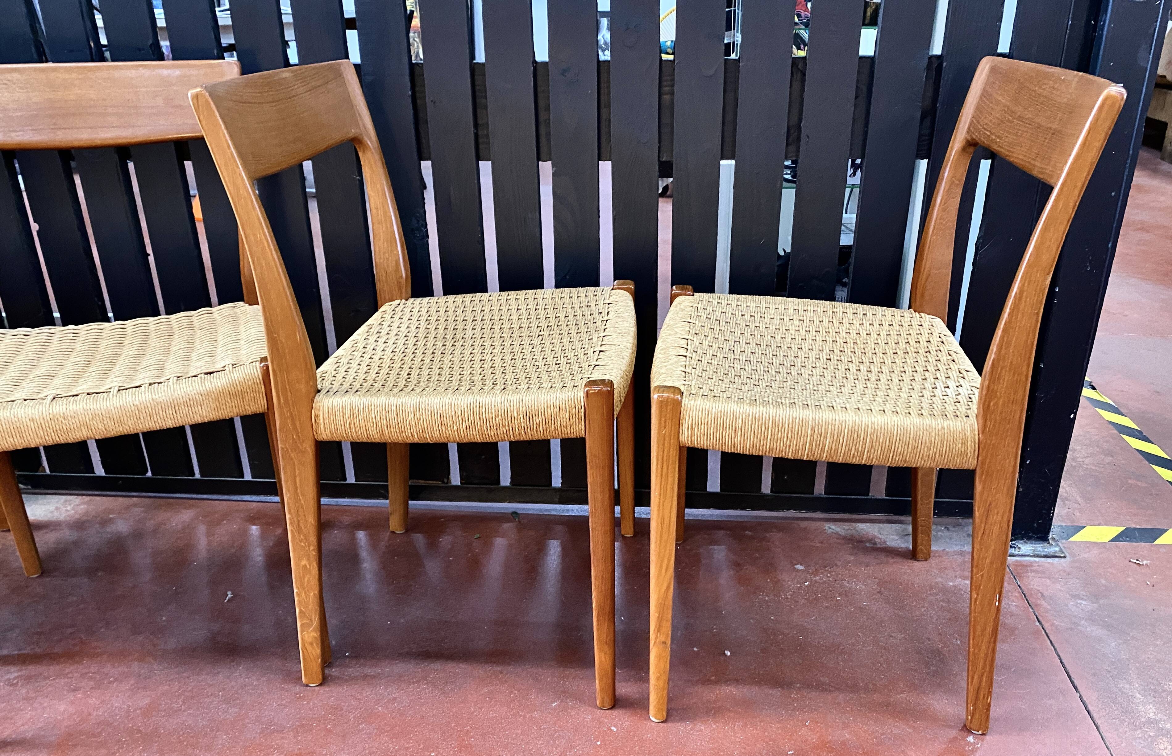 Suite Of 4 Scandinavian Teak And Rope Chairs By Svegards Markaryd