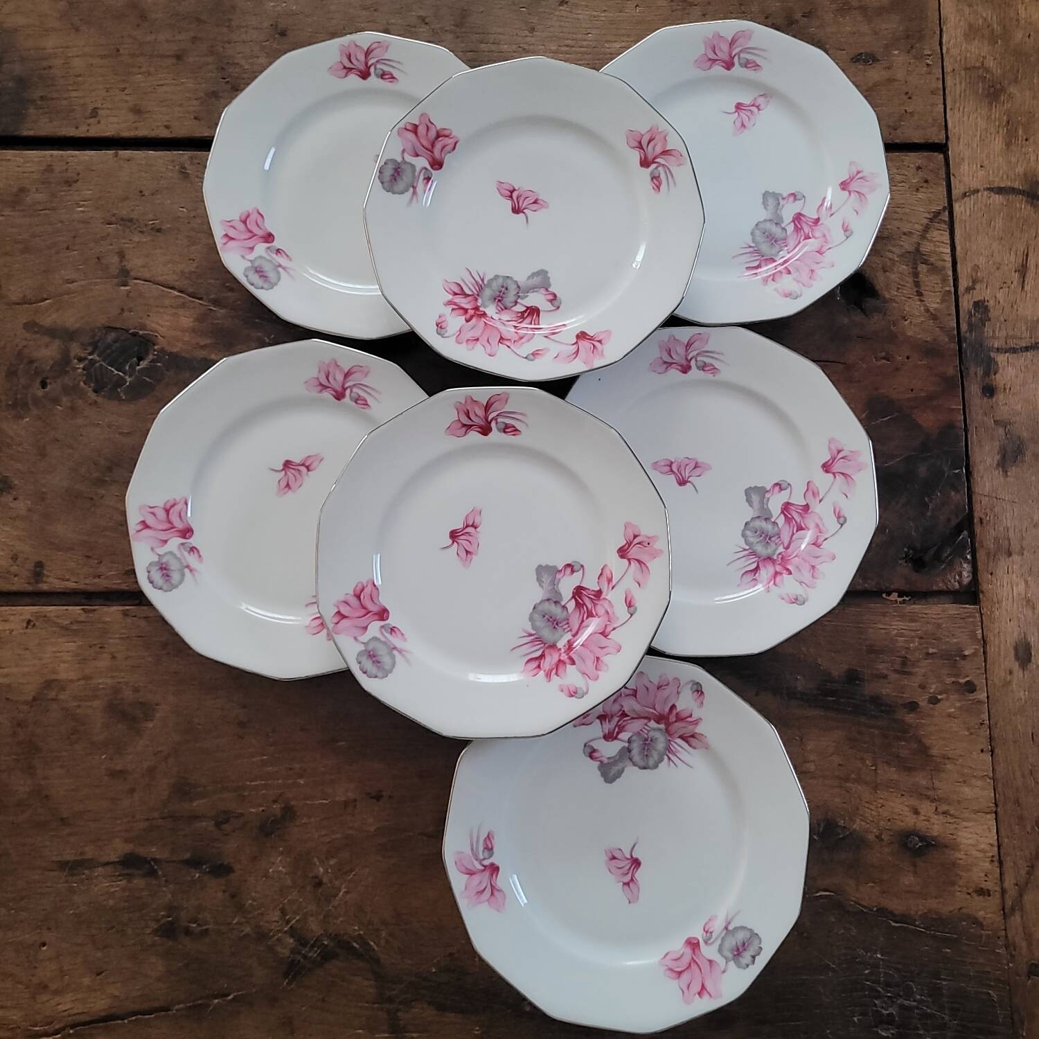 7 assiettes à dessert MBS France – décor de cyclamens roses, liseré ar