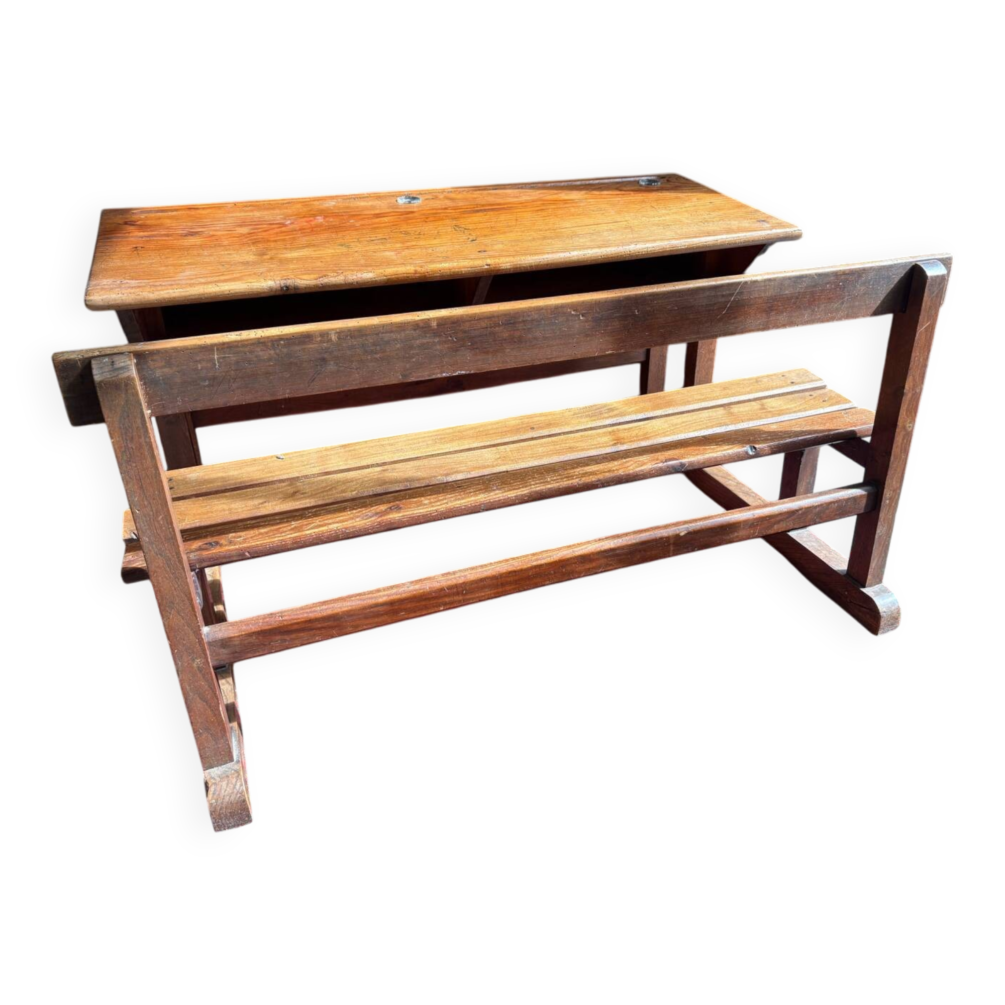 Wooden school desk with integrated bench, France, 1950s