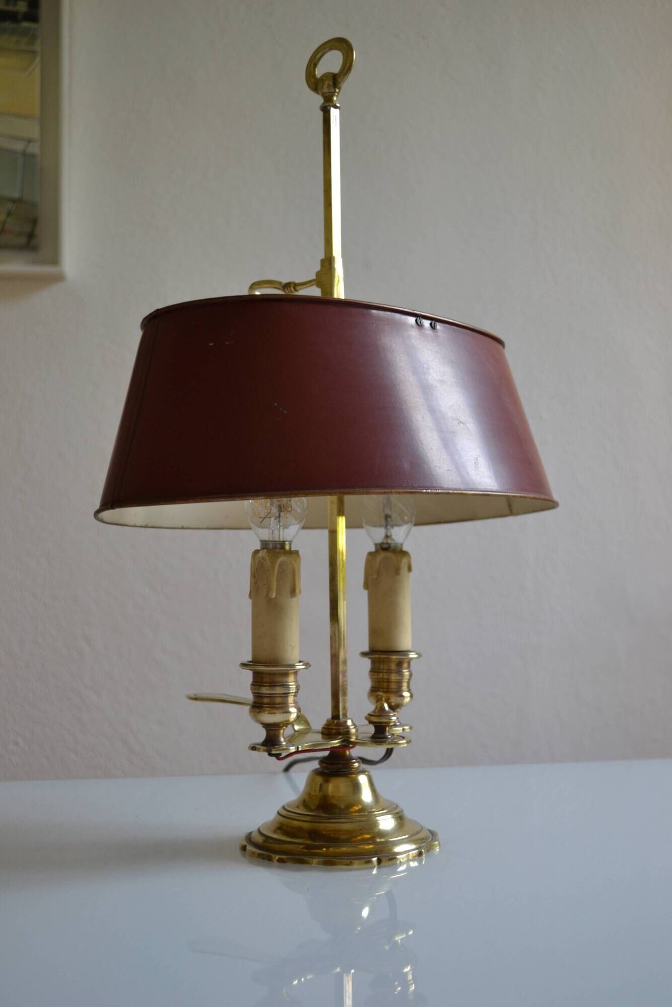 hot water bottle lamp with 2 bronze lights and burgundy sheet metal lampshade
