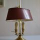 hot water bottle lamp with 2 bronze lights and burgundy sheet metal lampshade