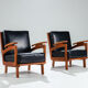 Pair of Belgian lounge chairs in solid oak with leather cushions