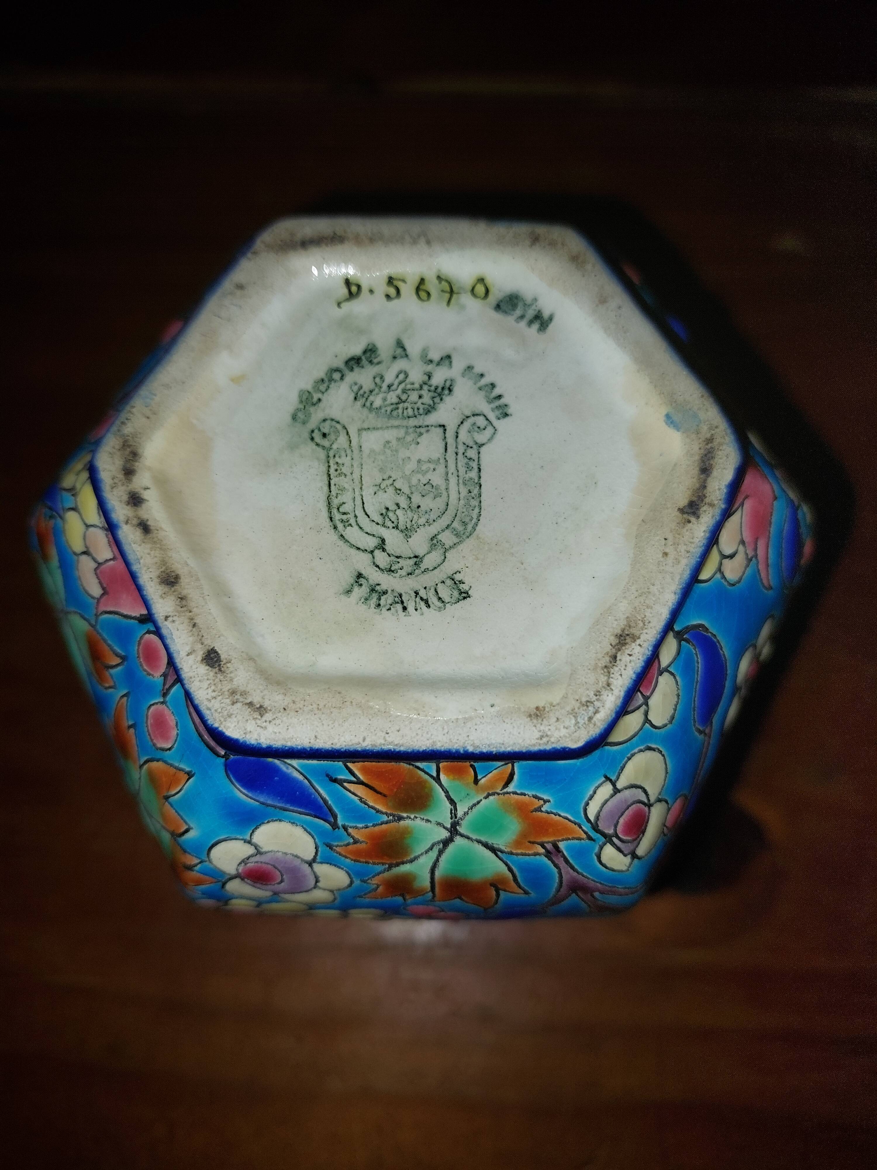 Hand-decorated Longwy enamel vase no. D.5670