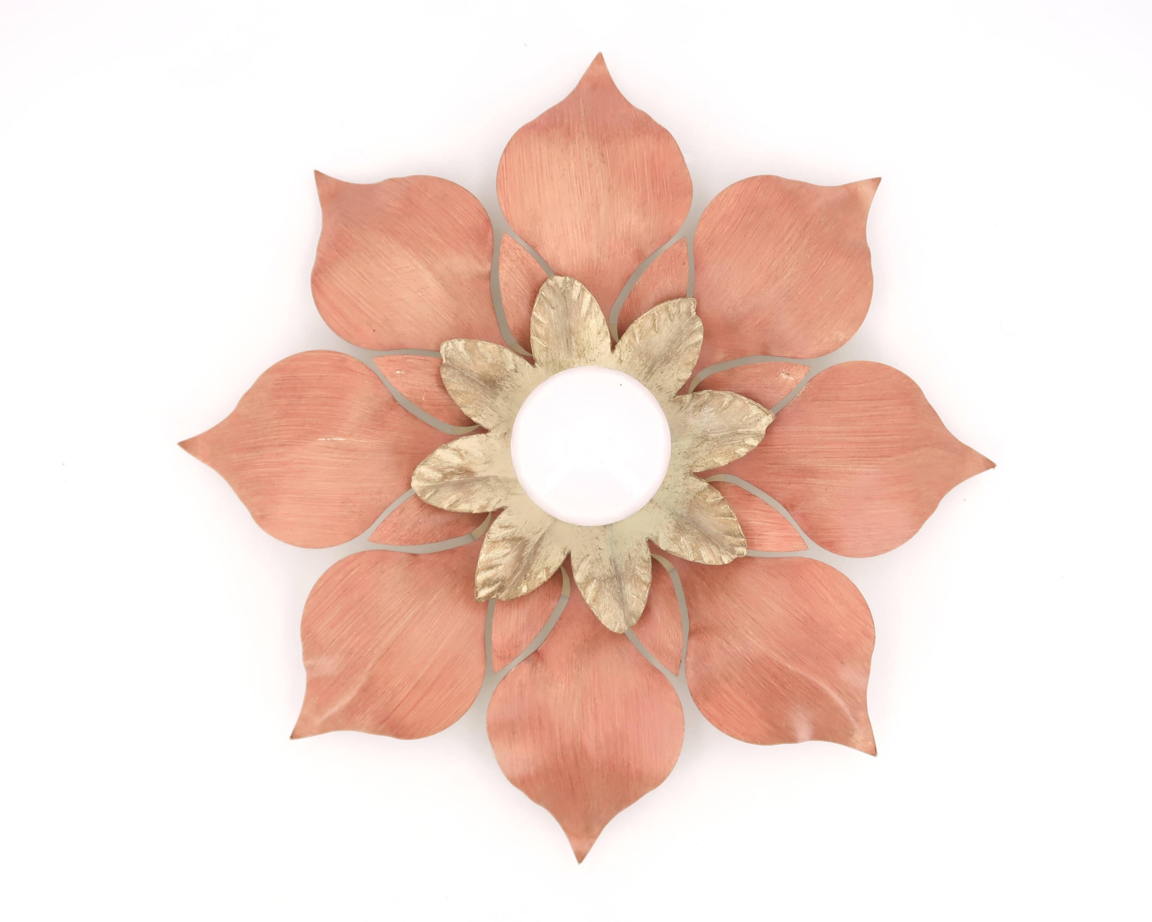 Flower wall or ceiling light in pink and beige metal, 80s