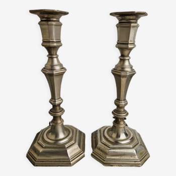 Pair of neo classical style candle holders in silver metal