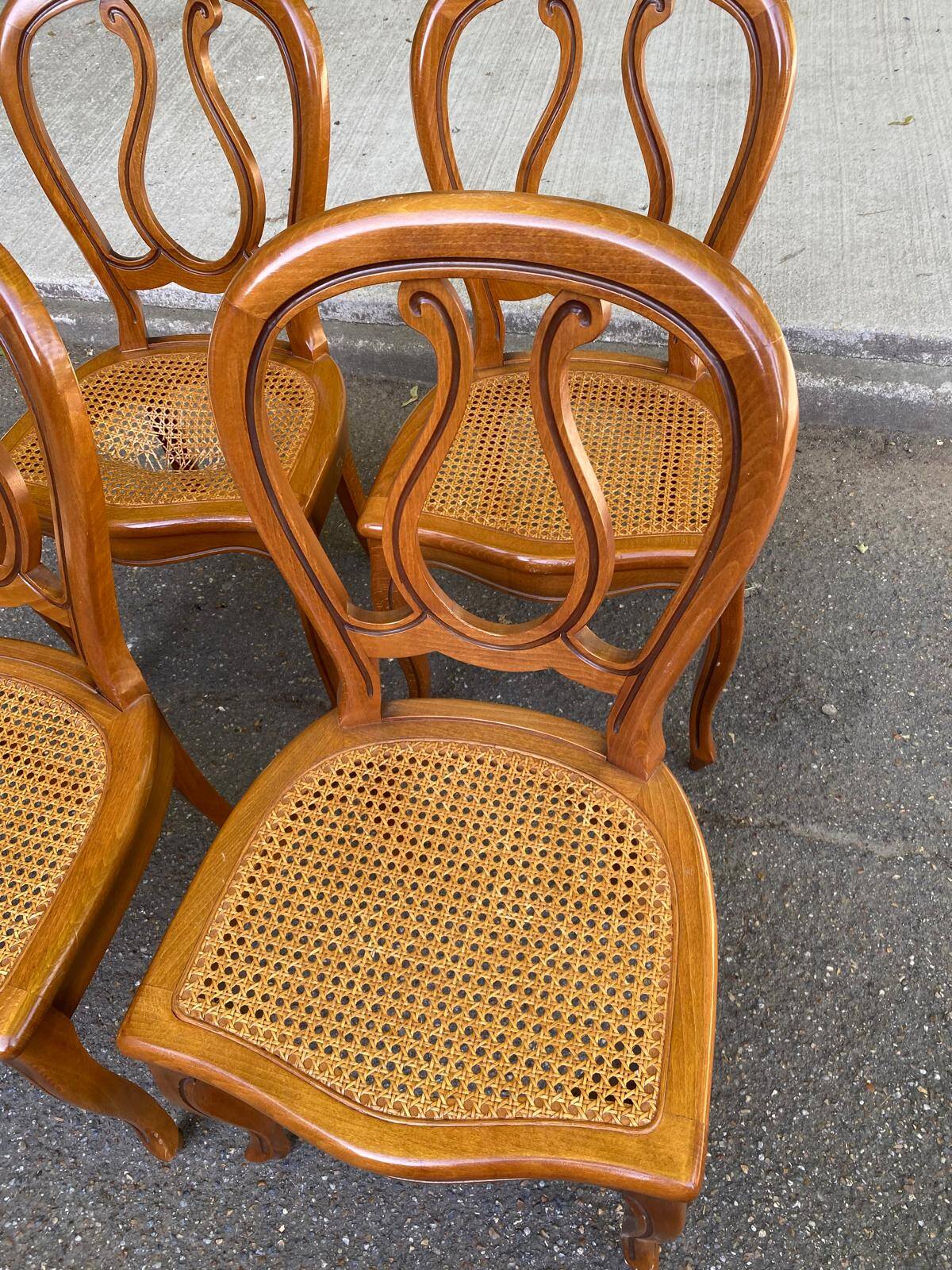 4 Louis Philippe curved wood caned dining chairs