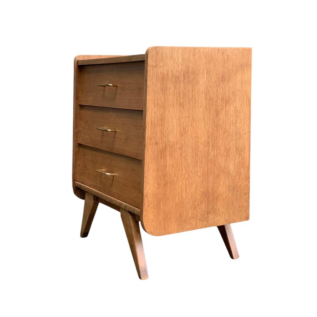 Vintage chest of drawers with compass feet, raw oak, 1960