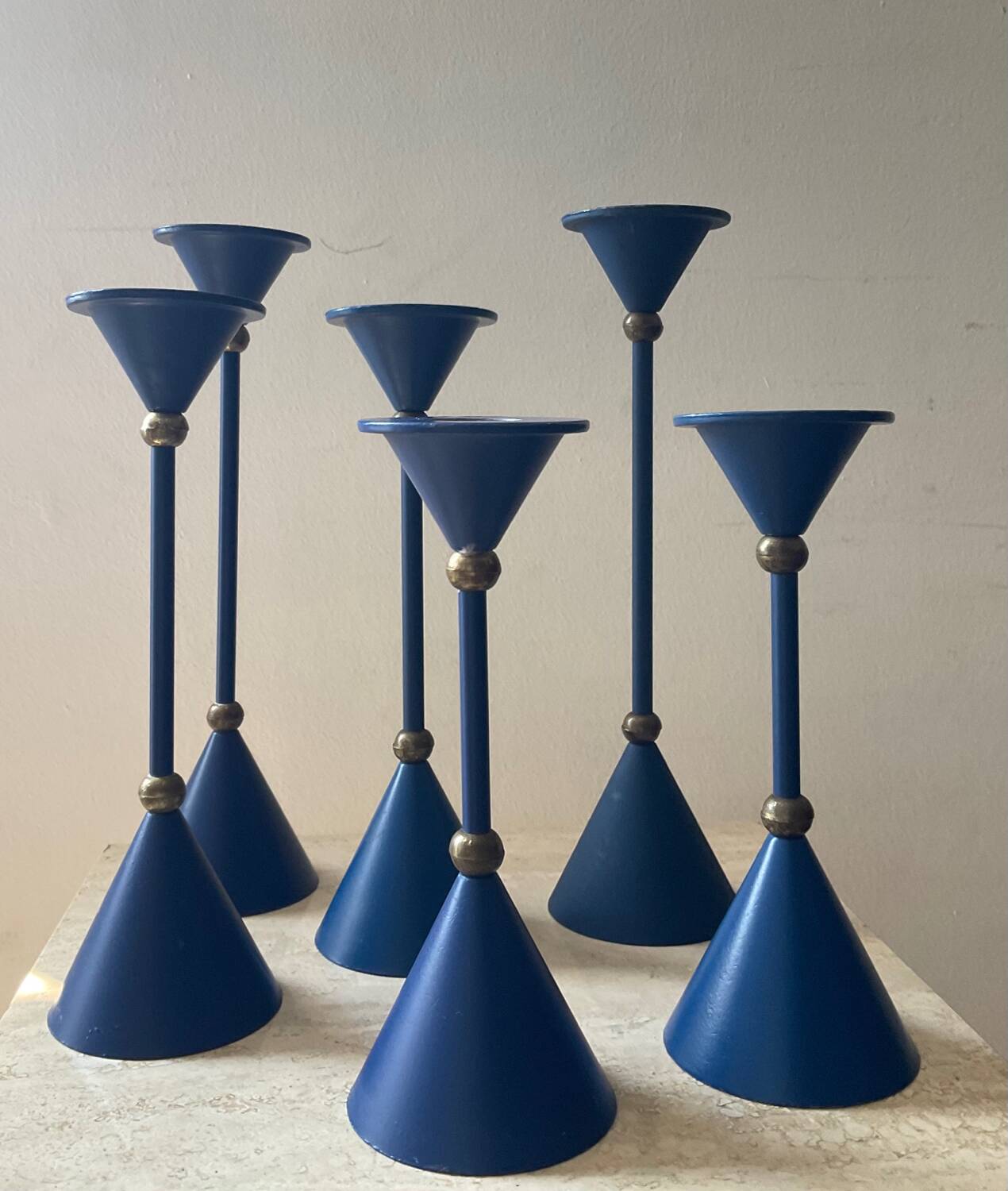 Series of 6 diabolo candlesticks in blue metal from the 80s