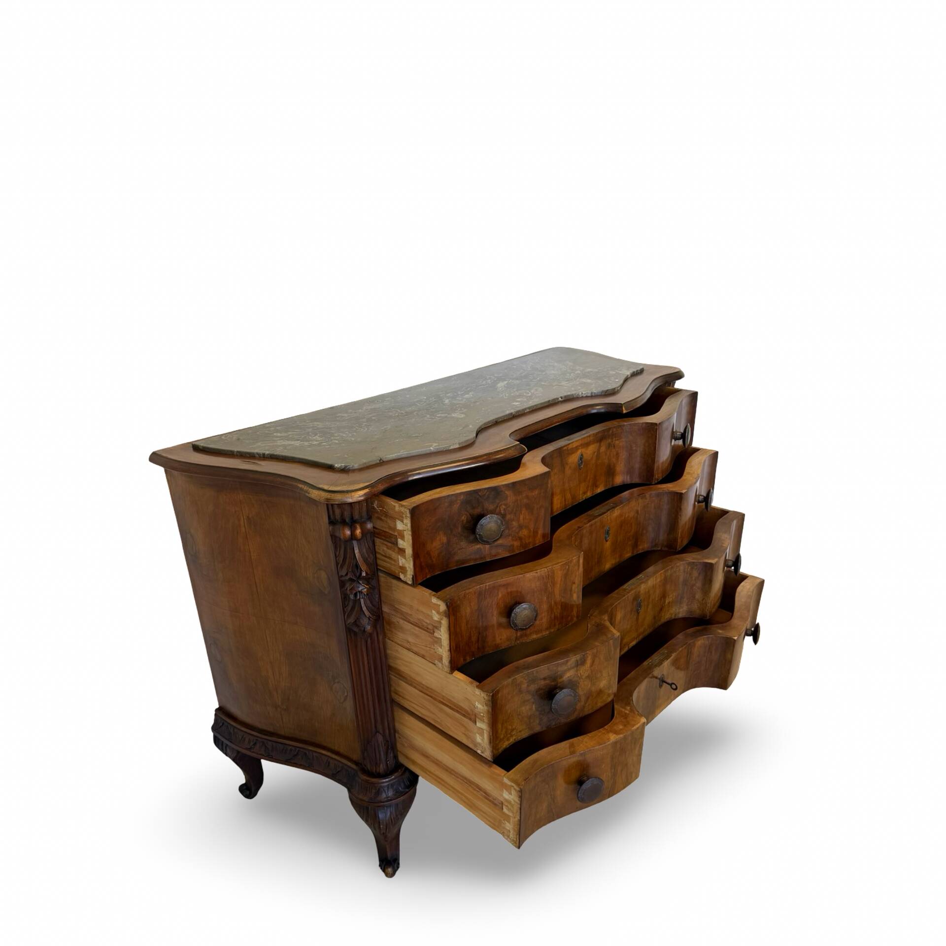 serpentine commode in antique walnut