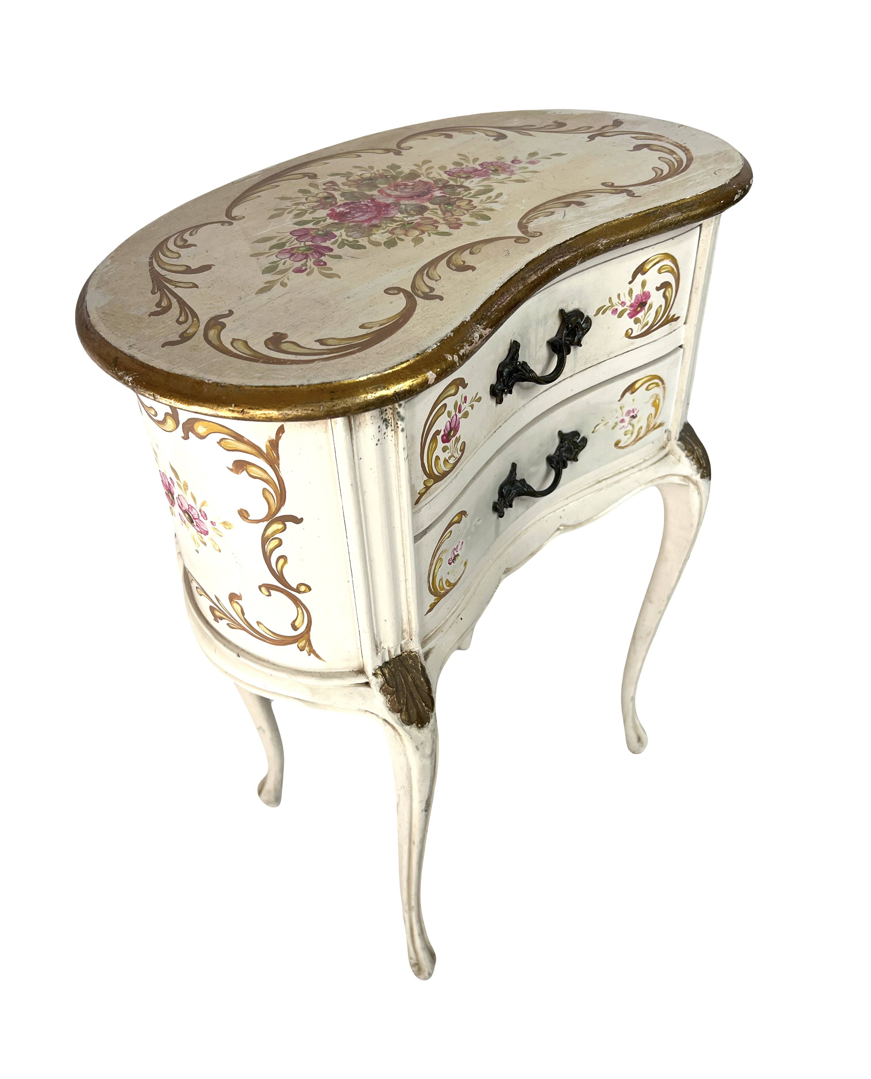 Curved bedside table painted with floral shabby decor – Louis XV style