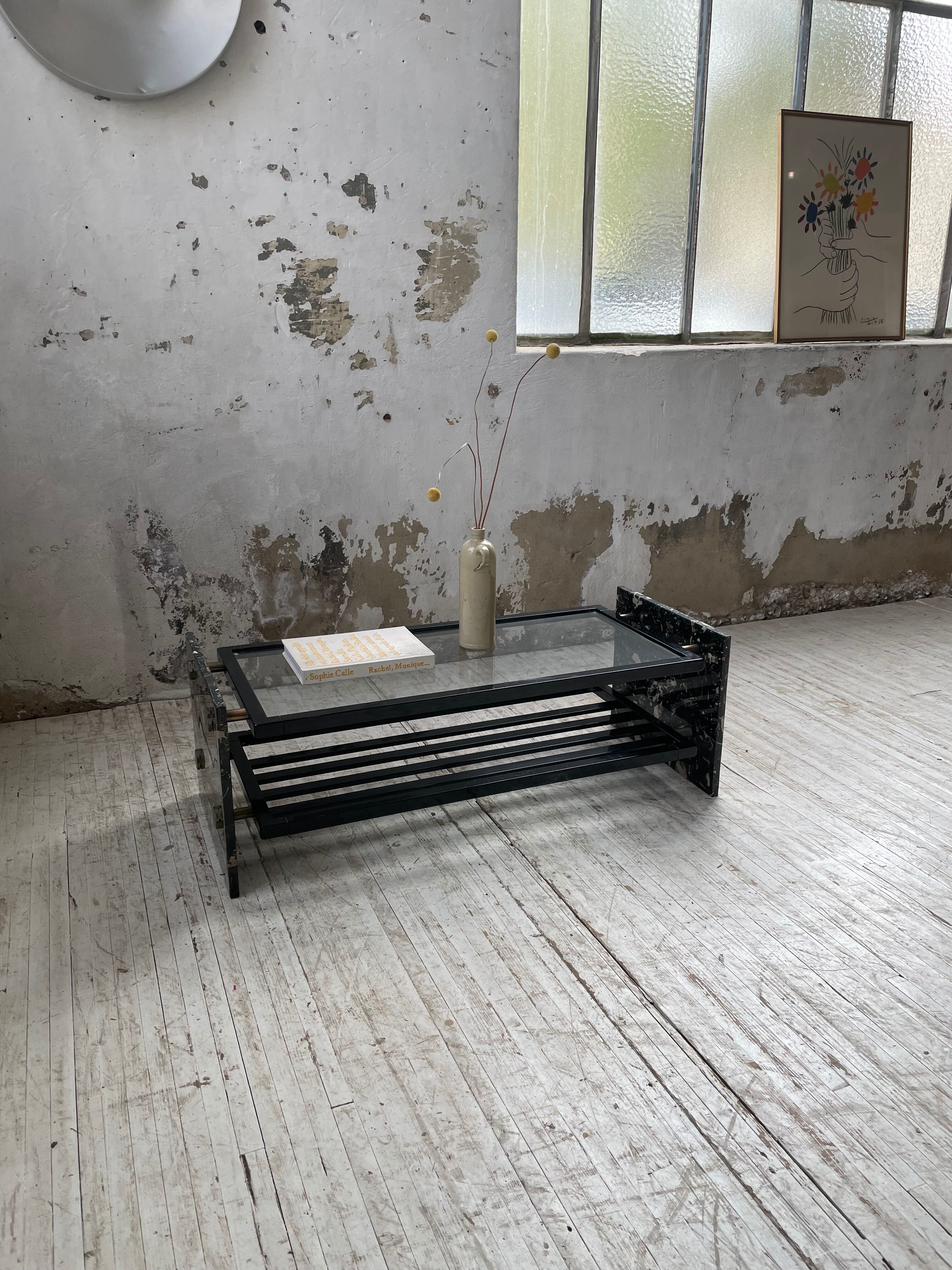 Coffee table year 80 Italian marble and glass