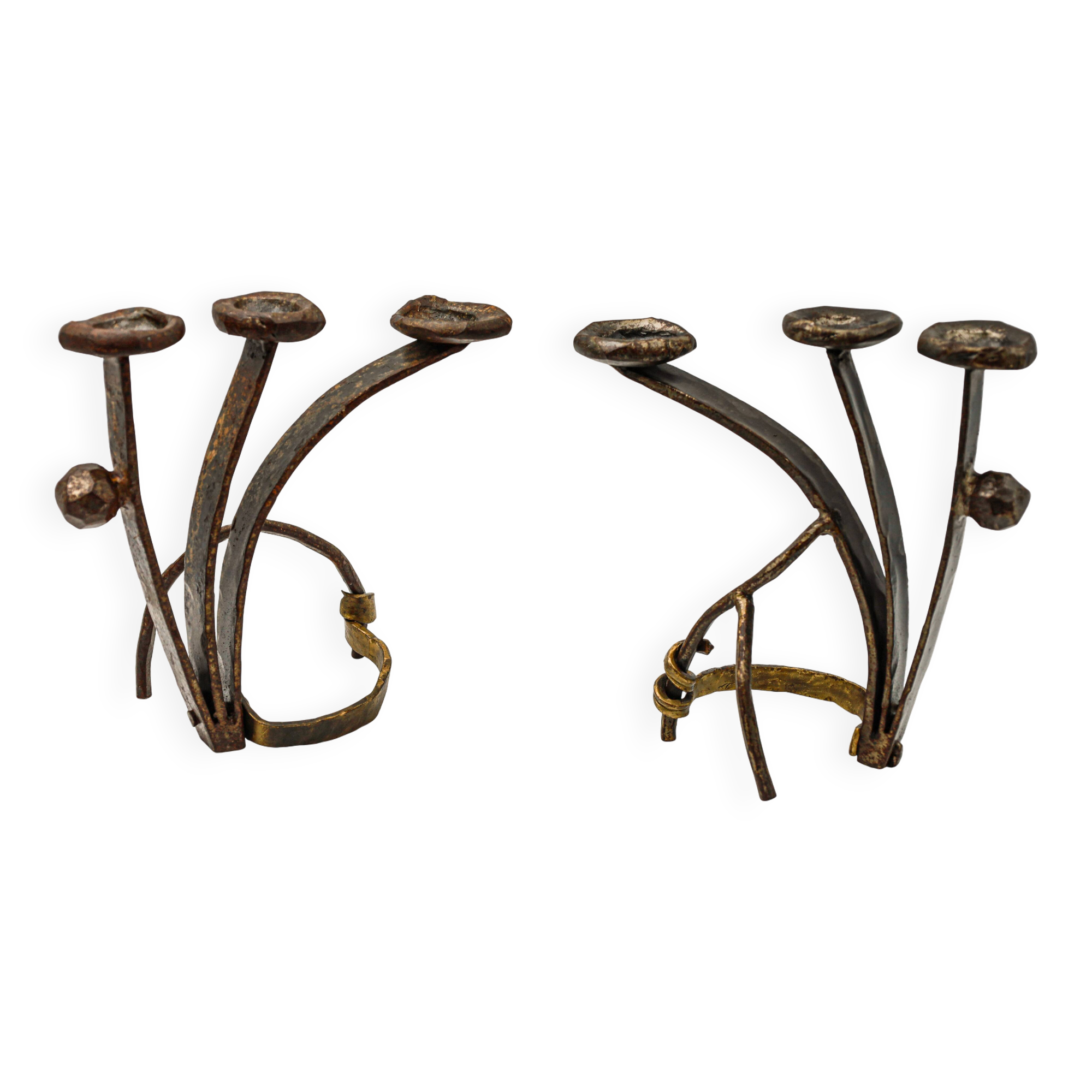 Pair of brutalist wrought iron candlesticks, French work