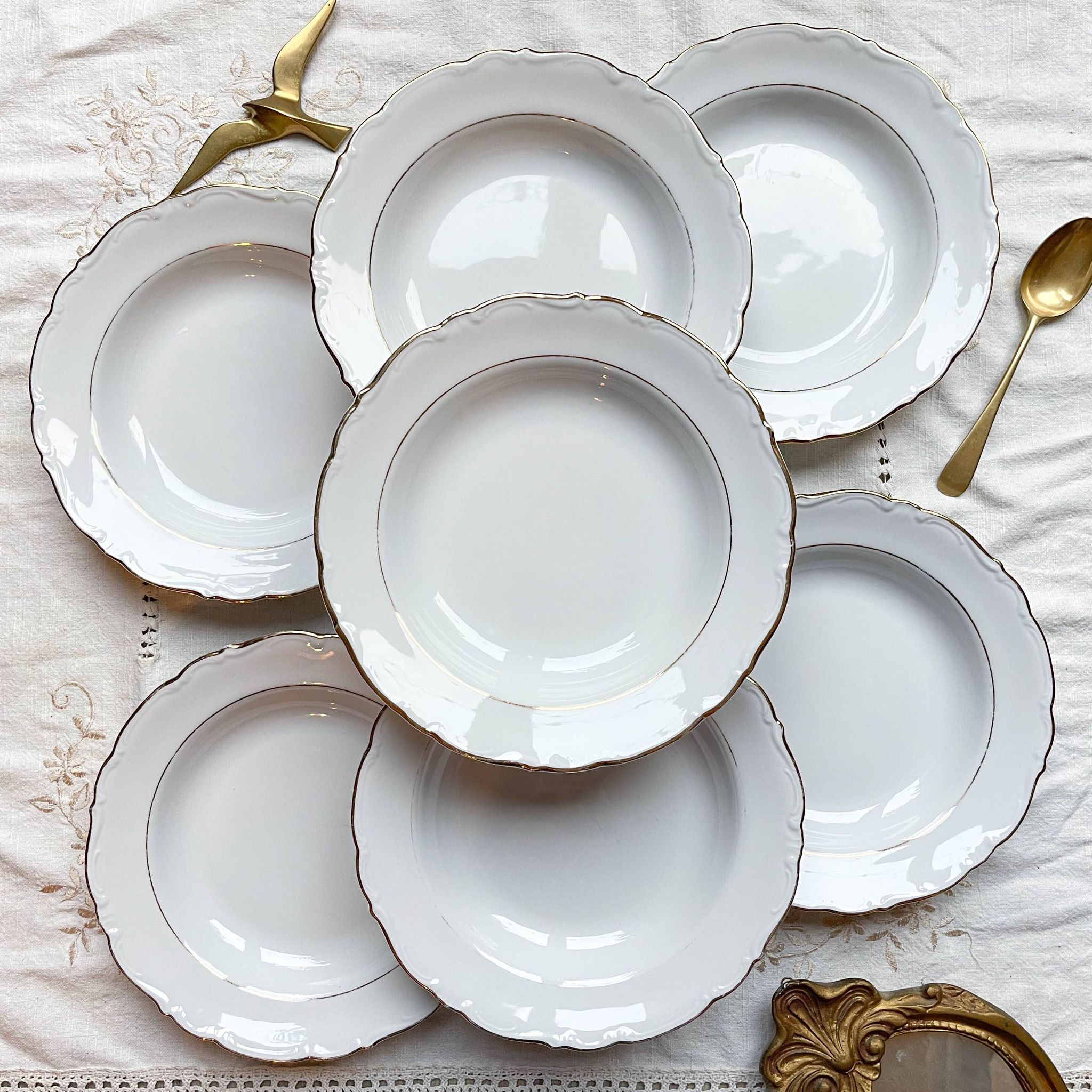 7 French Winterling BAVARIA white and gold porcelain soup plates
