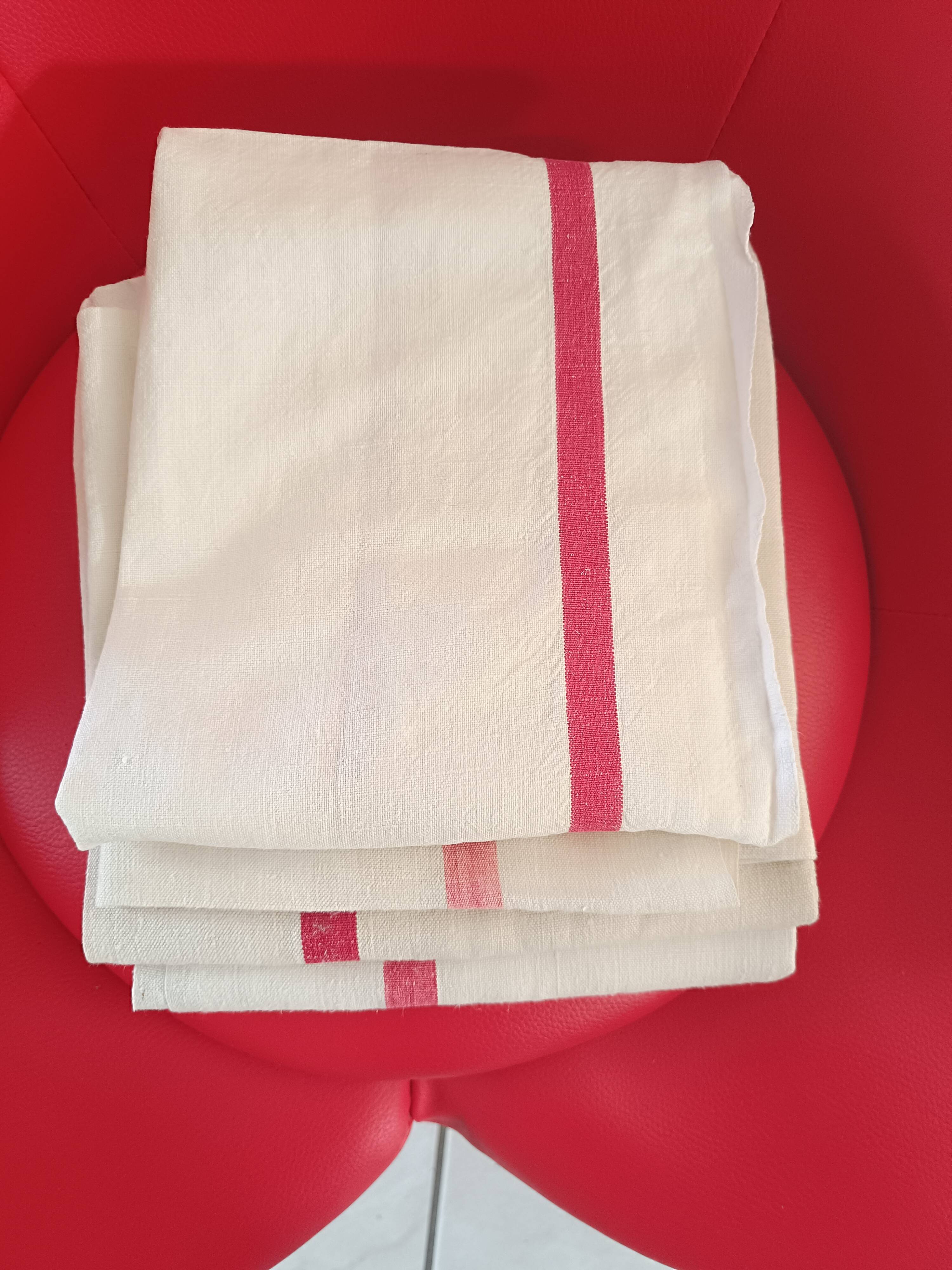 4 Linen tea towels. Red stripe.