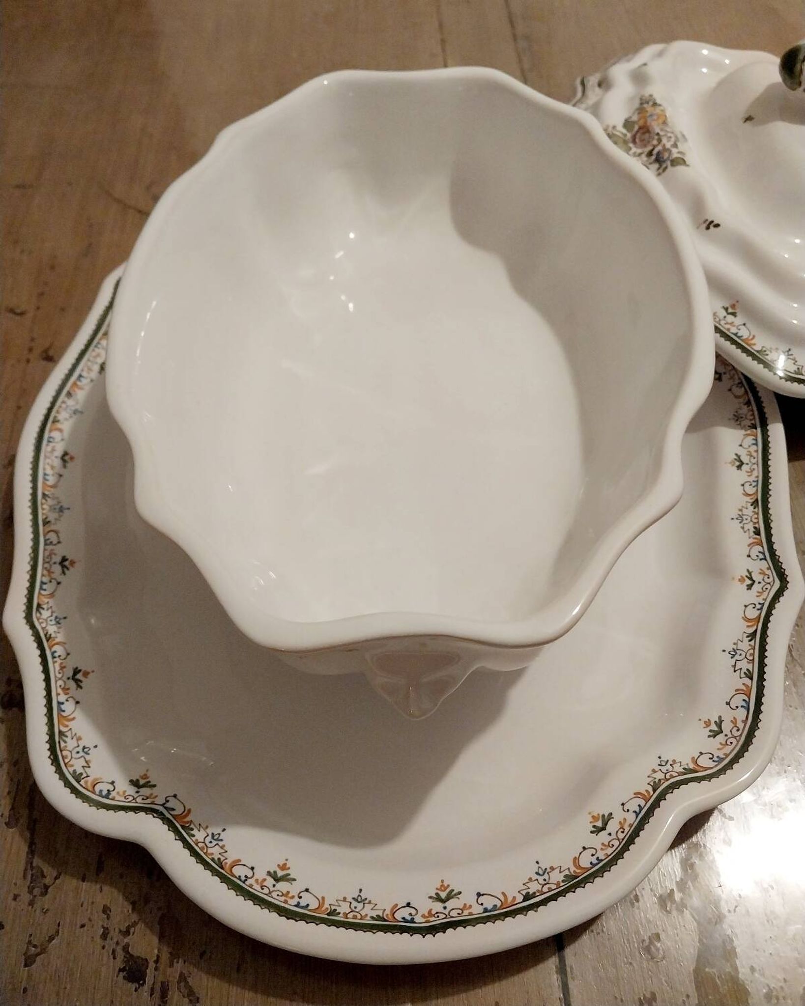 Soup tureen and dish signed Bondil from Moustiers, Provençal art pottery.