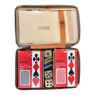 Boîte en cuir jeu de bridge cartel vintage + tapis de jeu