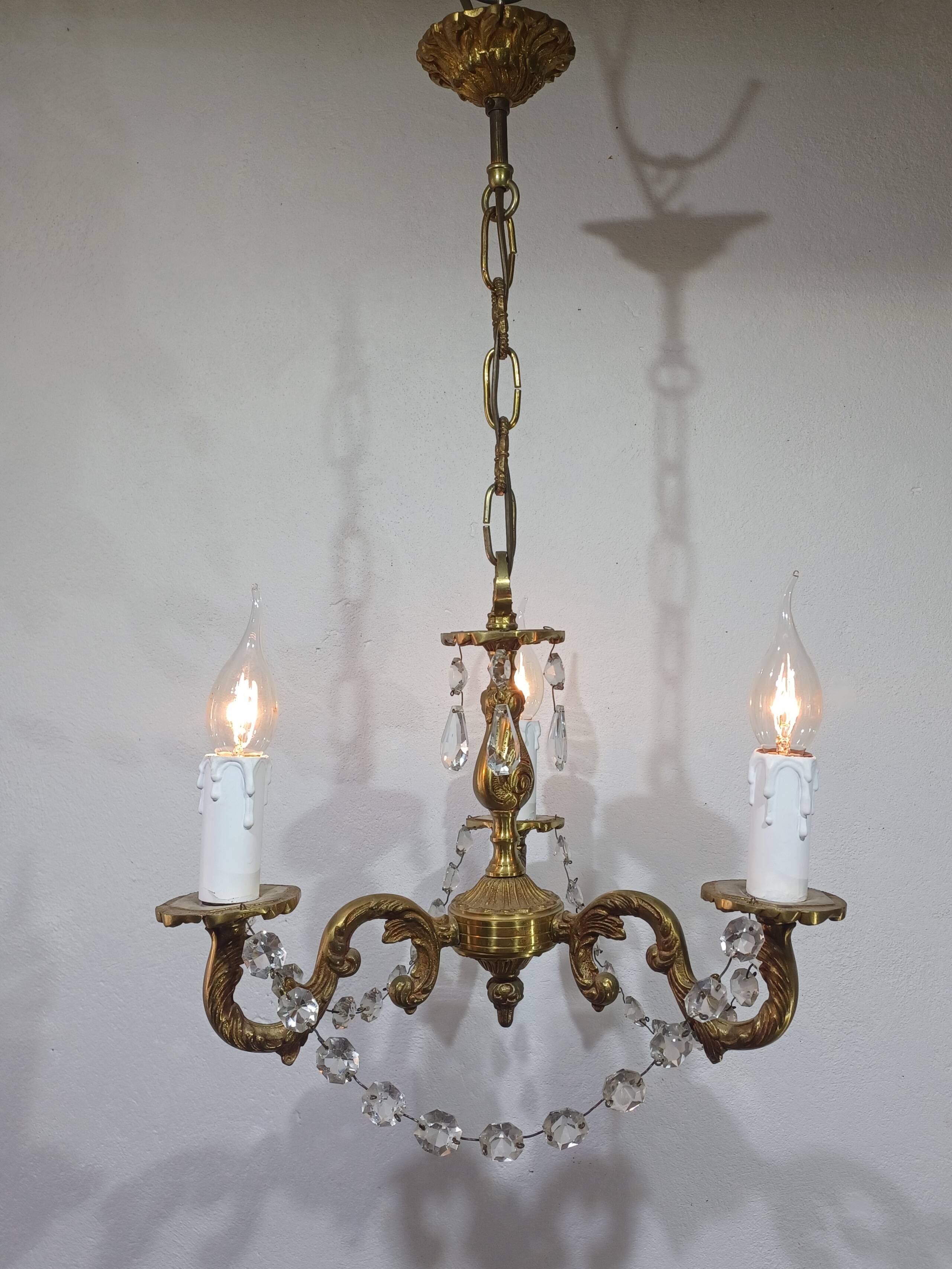 3-light bronze and crystal chandelier