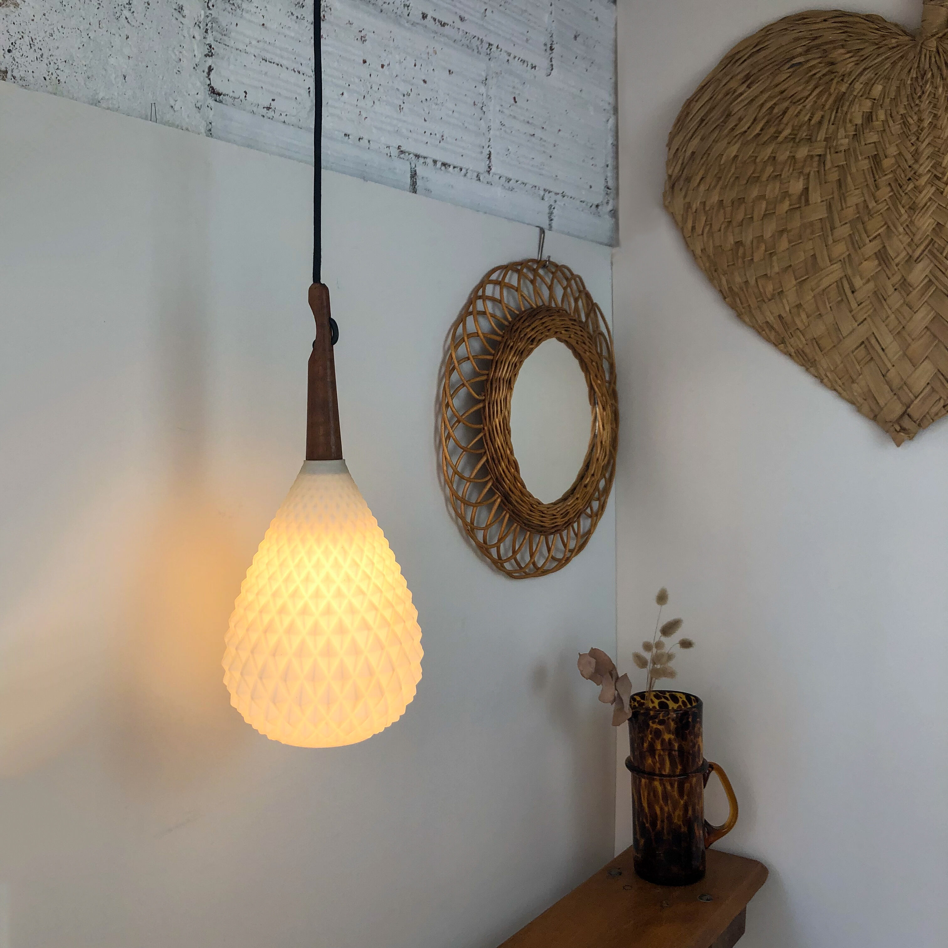 Scandinavian teak and opaline hanging lamp