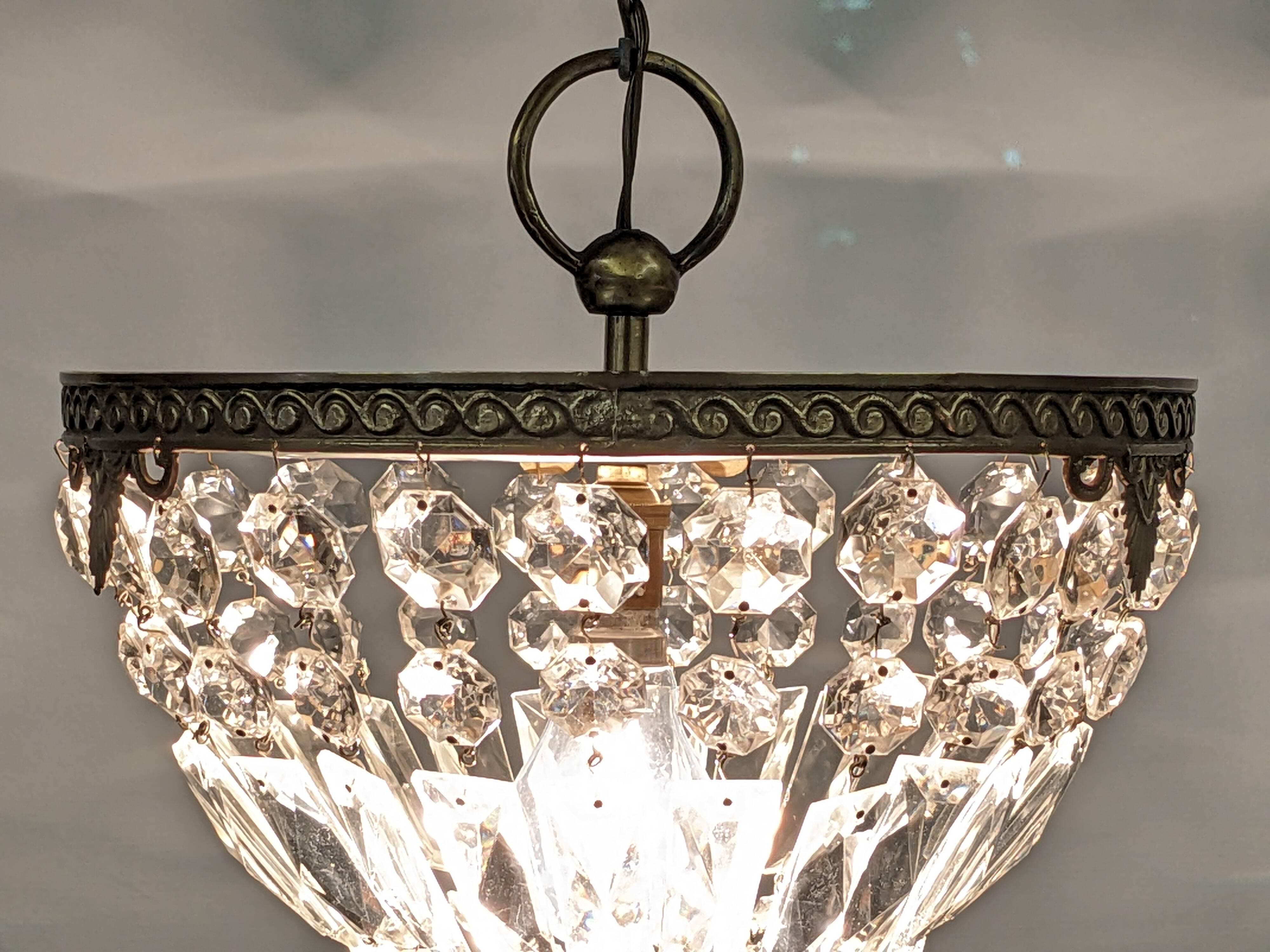 Louis XVI style bronze ceiling light and glass pendants