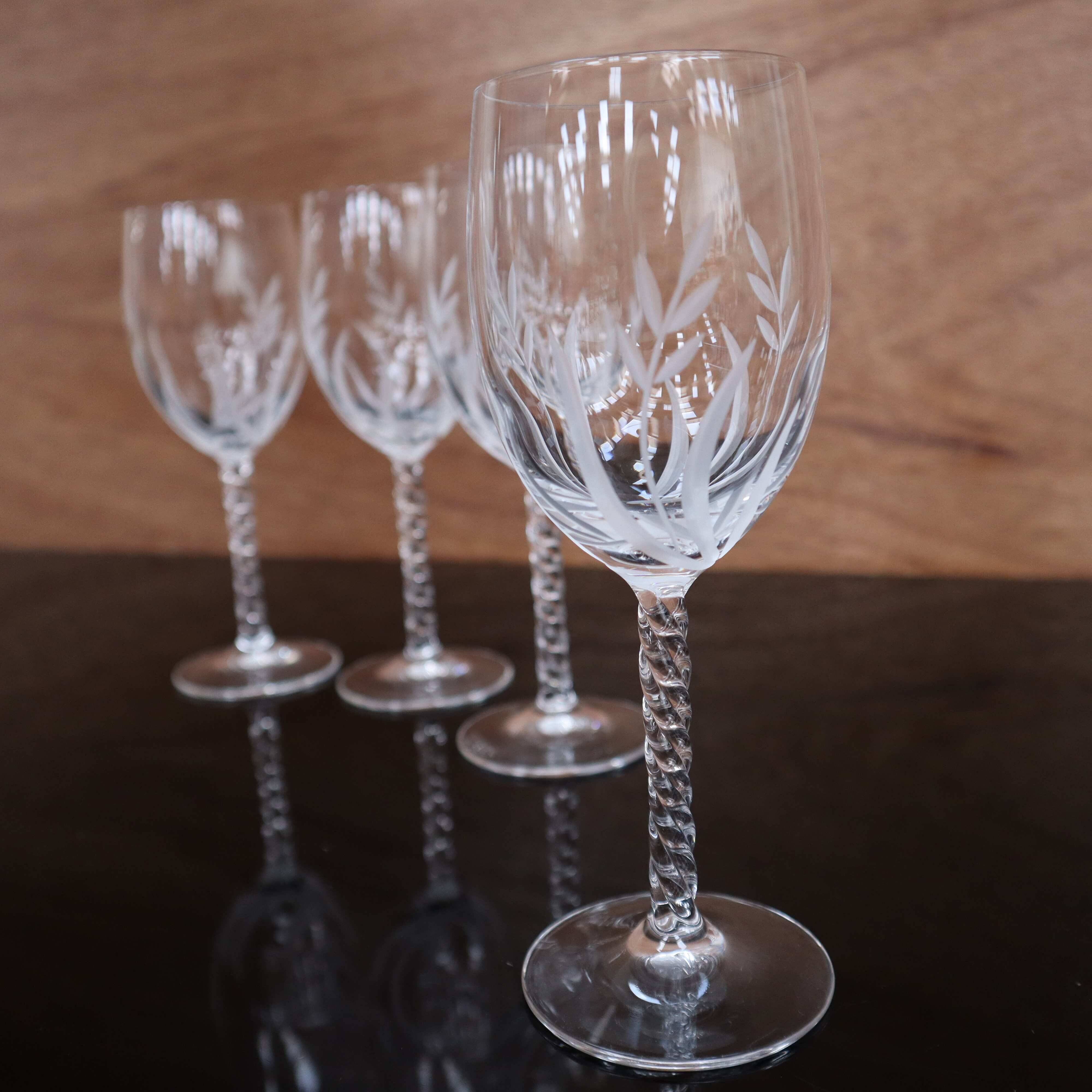 Set of 4 Vintage Engraved Crystal White Wine Glasses