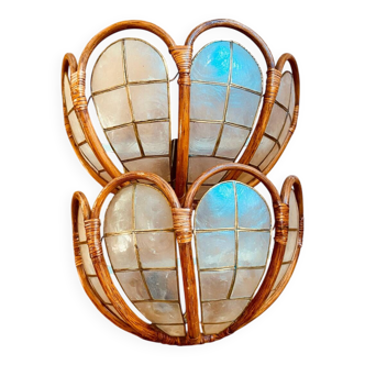 Pair of mother-of-pearl rattan wall lights