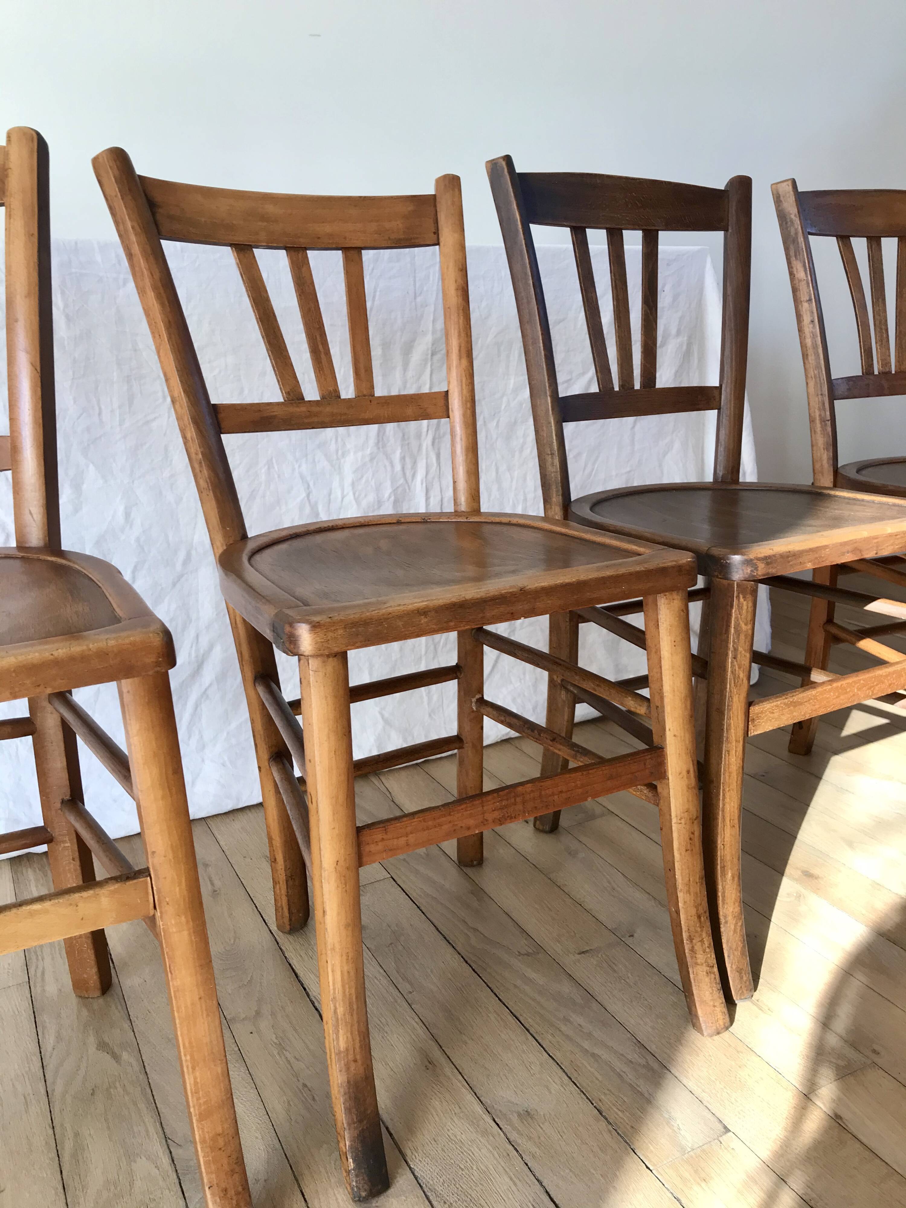 Set of 5 beech wood bistro chairs from the 1950s