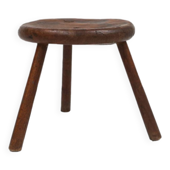 Hand-carved solid wood tripod stool with beautiful patina, France ca. 1900