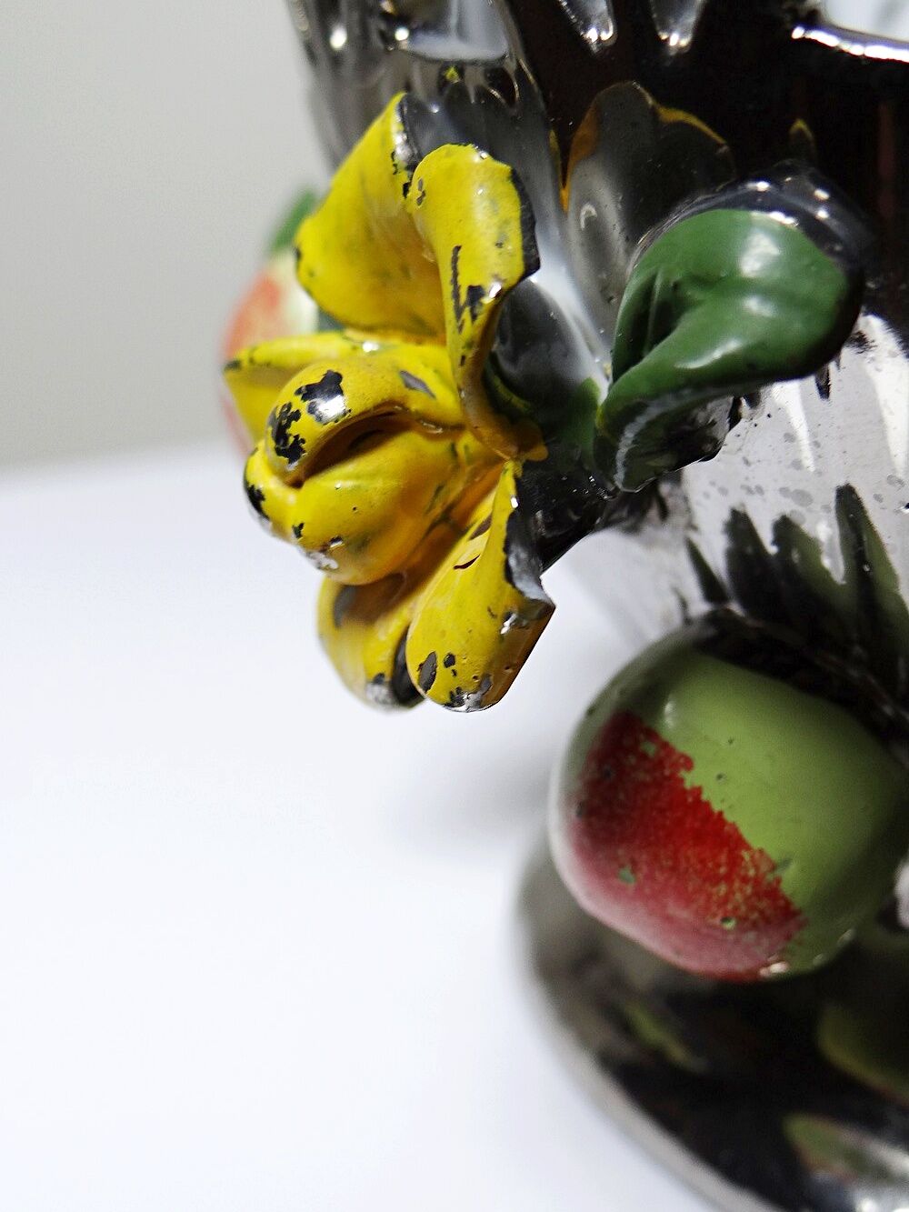 Vintage Italian silver-plated porcelain bowl with cut-out design of fruits and flowers.