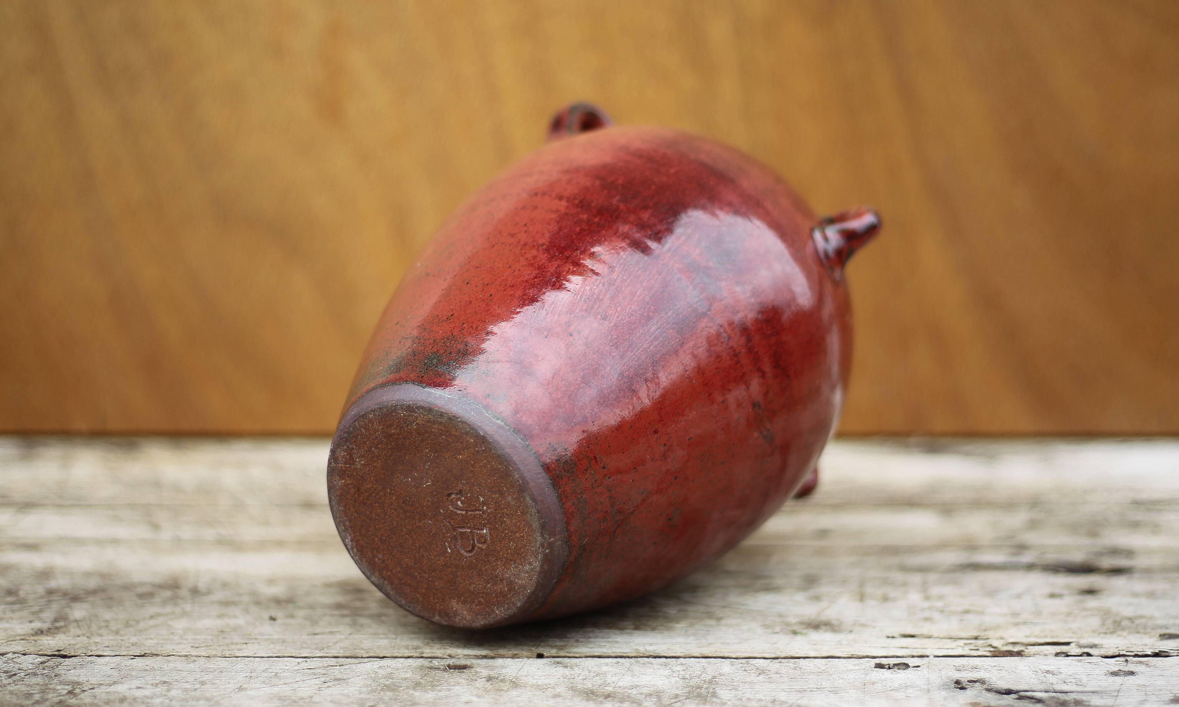 Ox blood red glazed sandstone vase, signed vase, vintage flower pot, vase with handles, collection