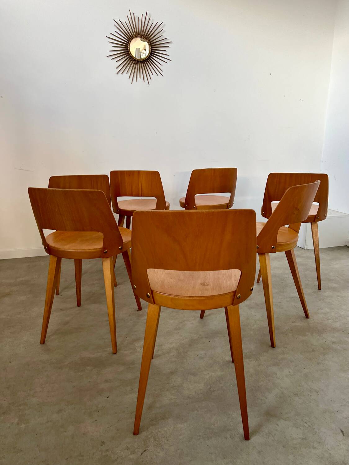 Lot of 7 old Baumann Mondor low back wooden chairs design 60s vintage