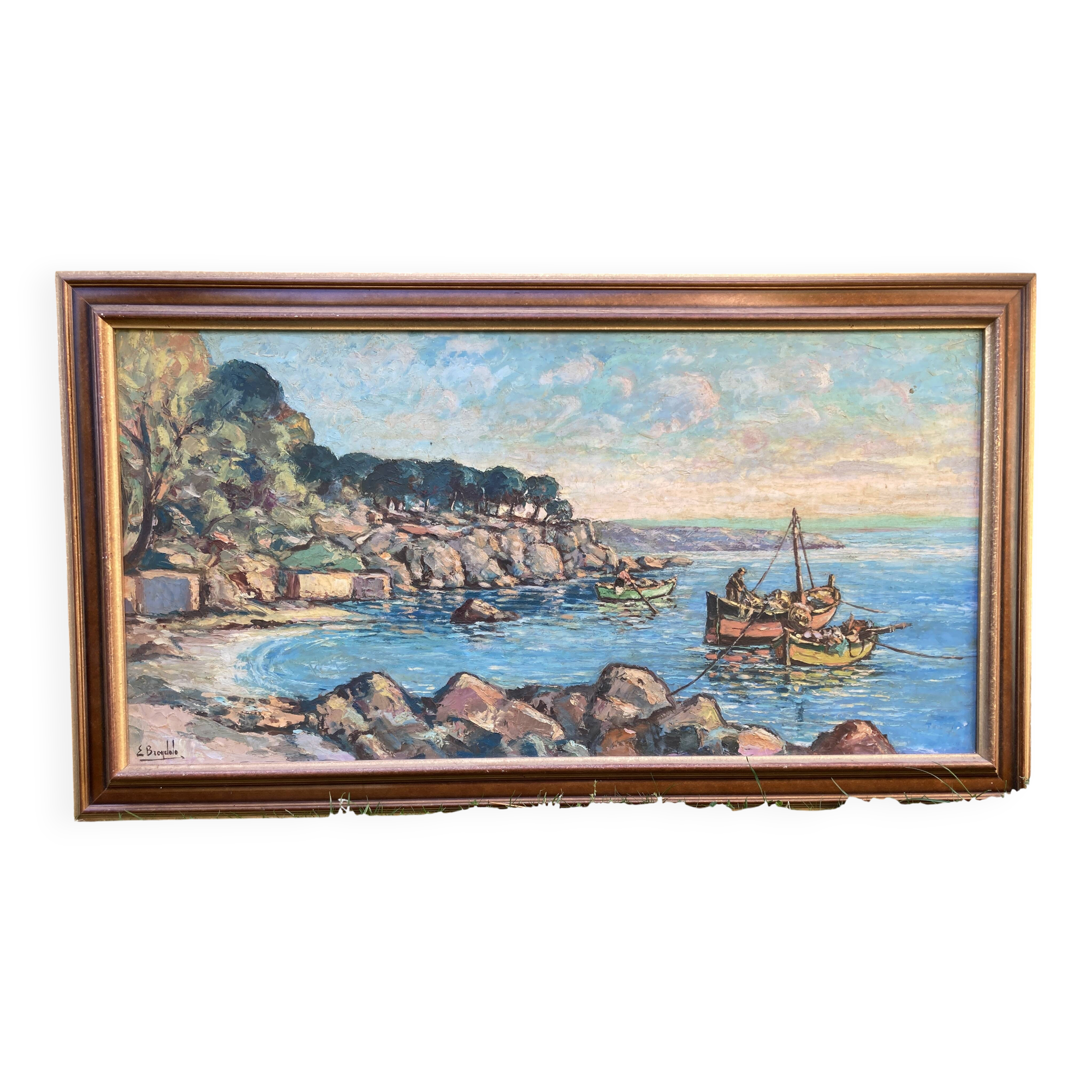 Tableau, Marine bateaux et côte rocheuse en Méditerranée