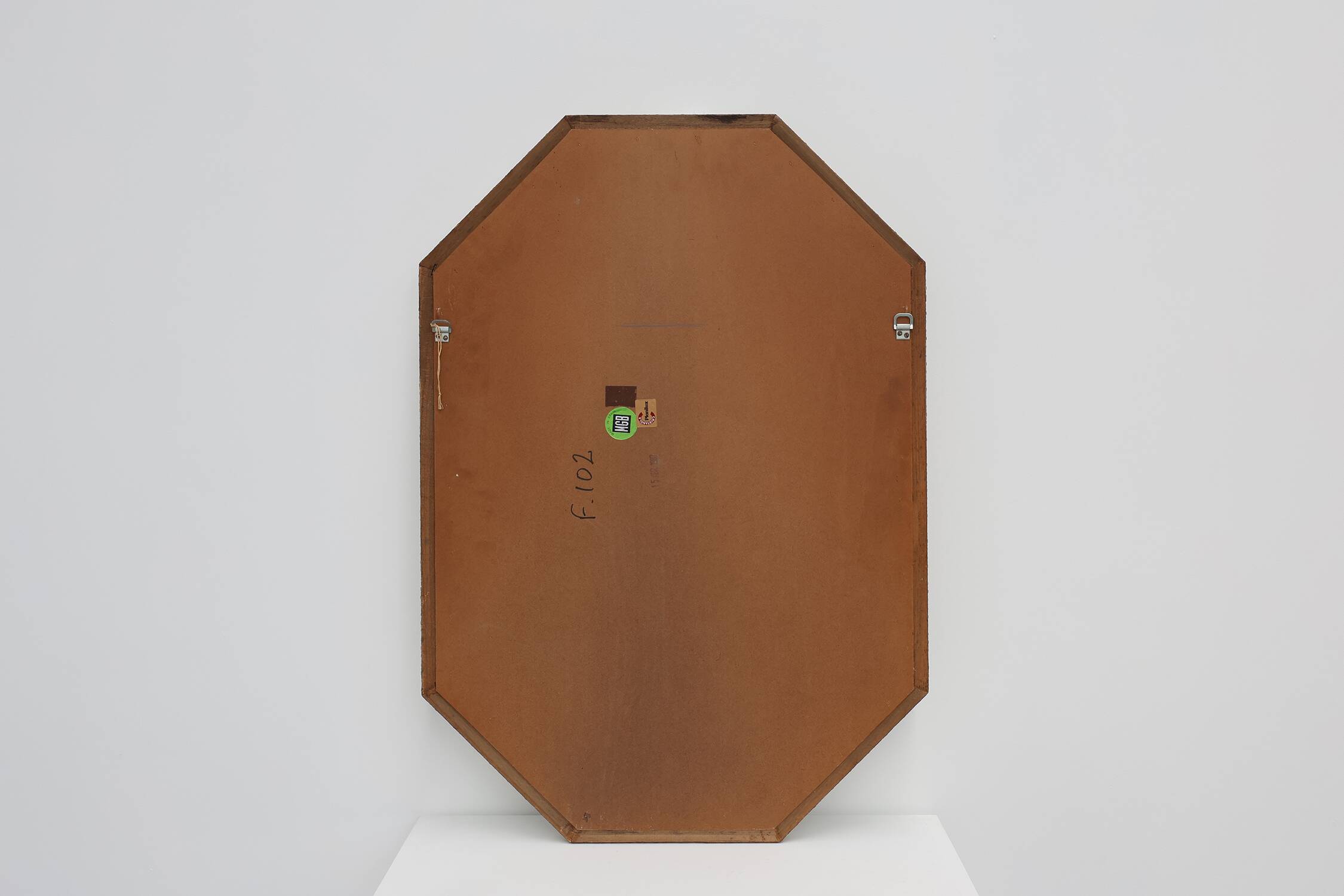 Venetian style octagonal mirror marked MGB, Planilux, Cristanola, Spain