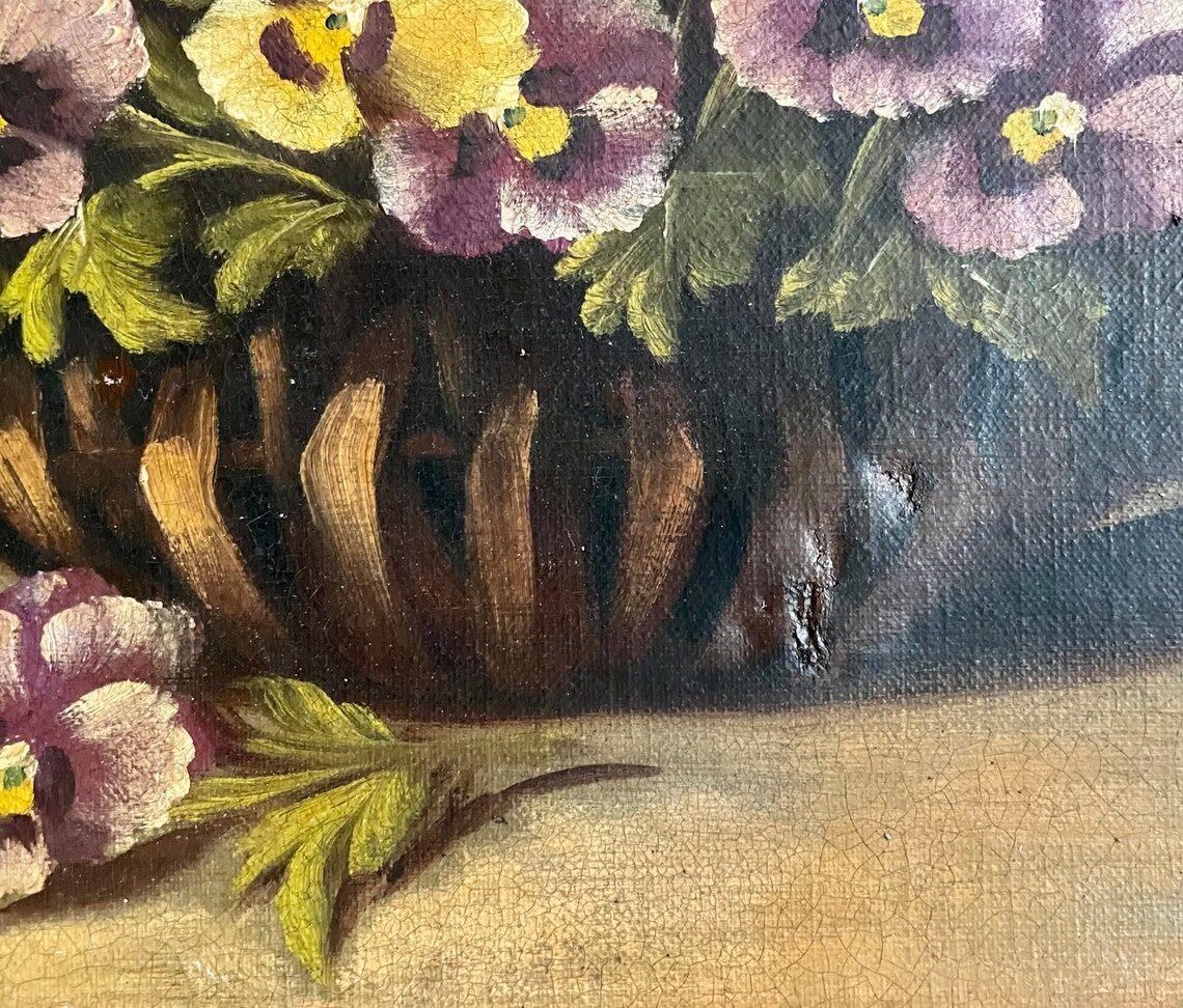 Peinture à l’huile du XIXème siècle sur toile nature morte avec vase de pensées antique vintage original