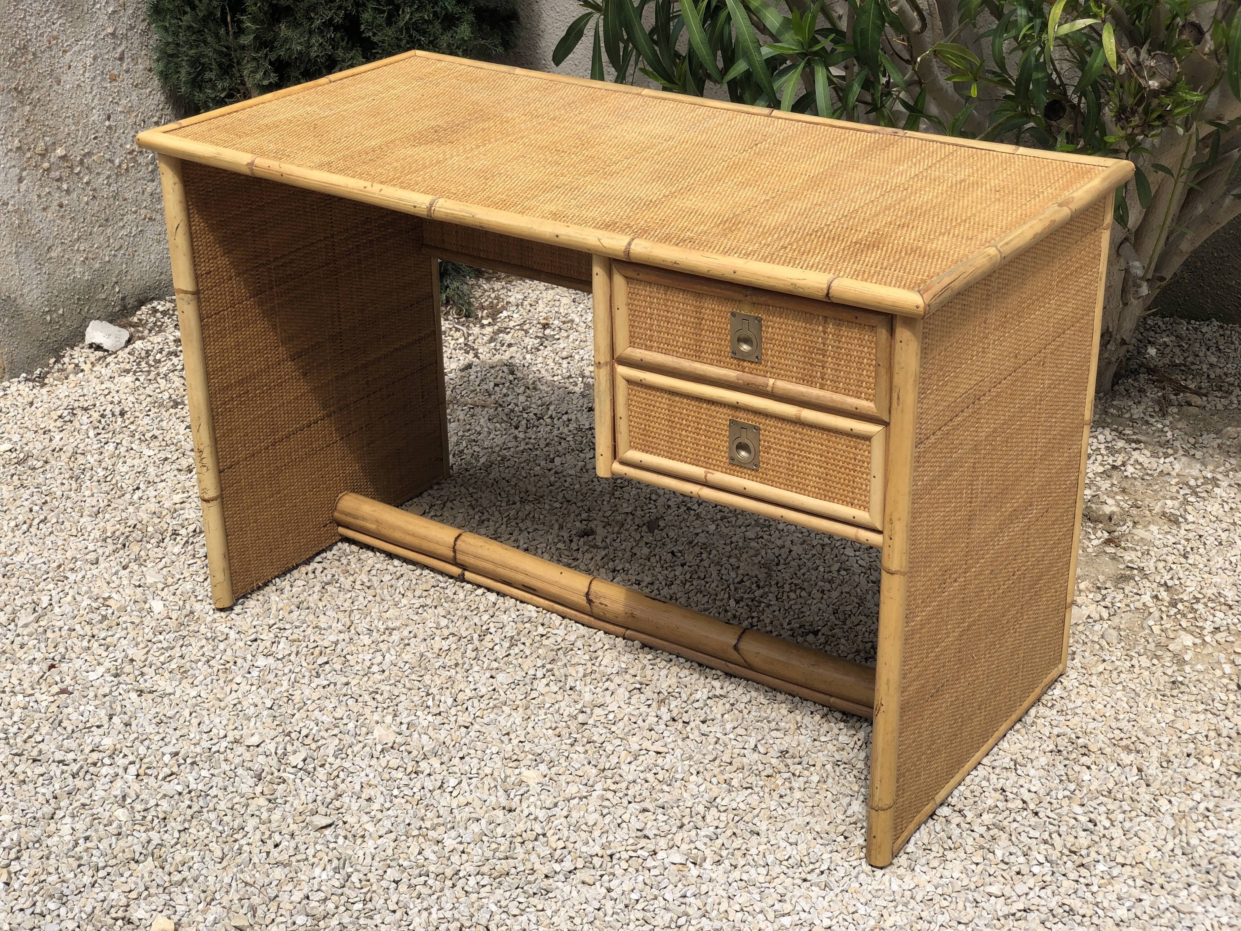 Vintage desk in bamboo, rattan and brass from Dal Vera, Italy 1970s
