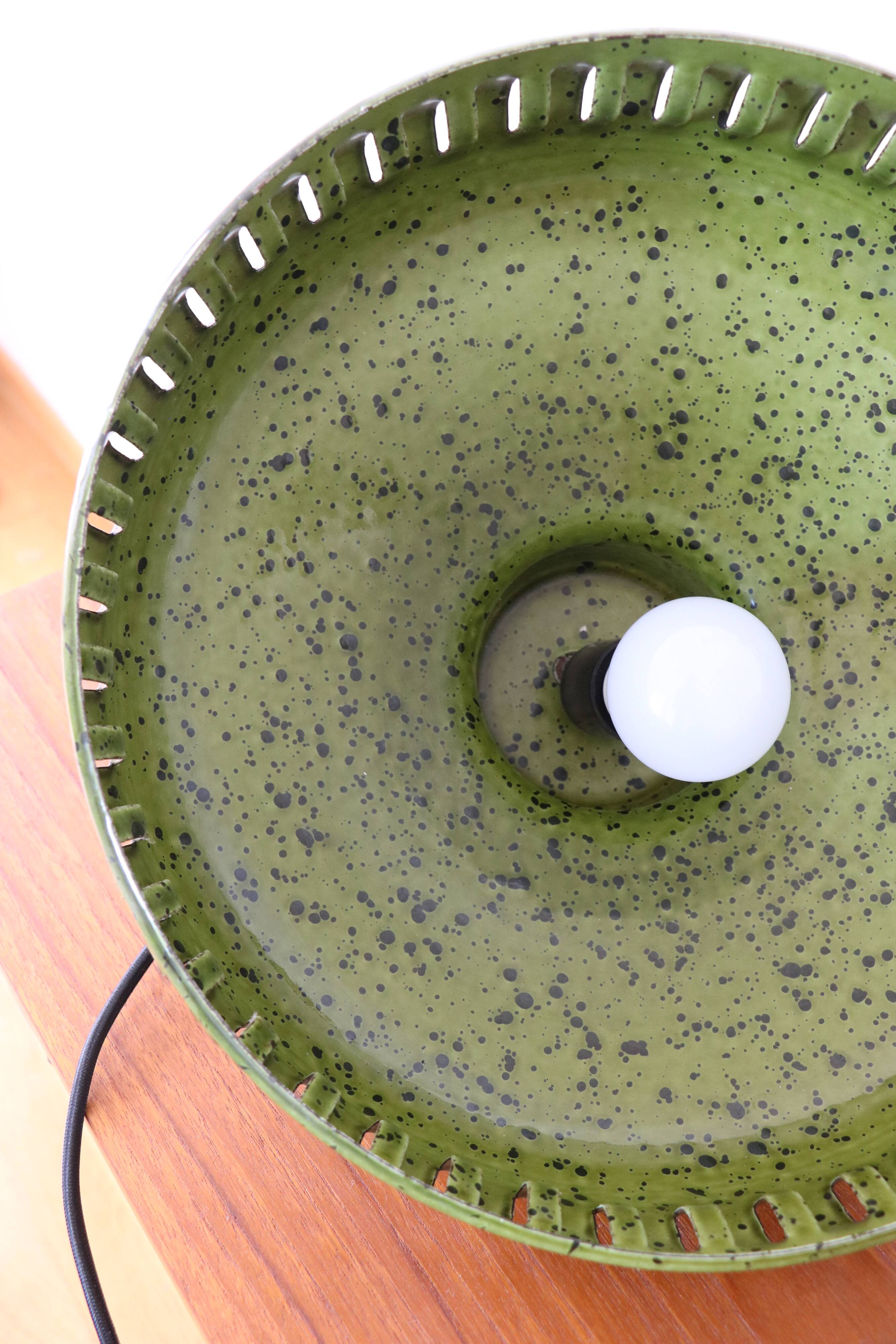 Olive green enamelled pendant light, Scandinavian, 1960-1970