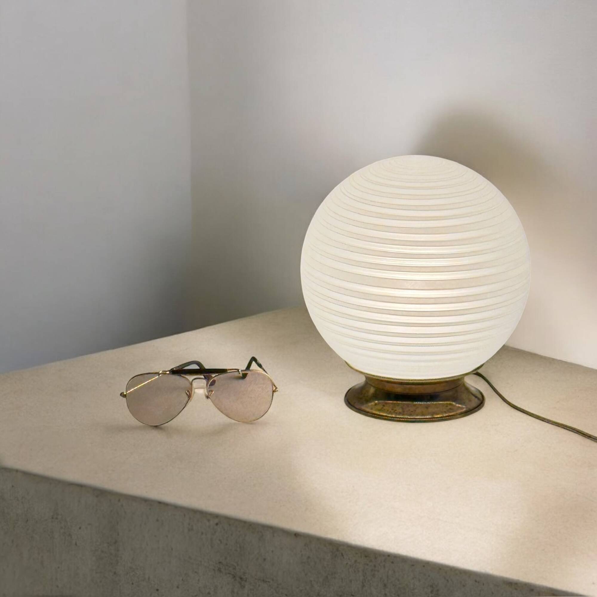 Vintage 70s Italian Table Lamp with Swirl Glass Globe and Brass Base