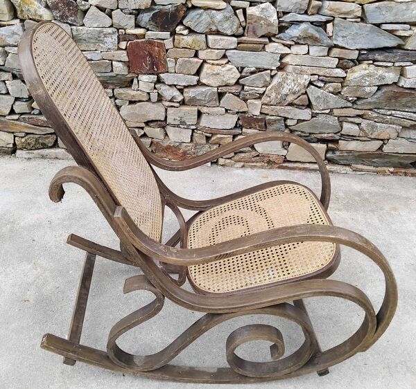 Rocking-Chair en bois et cannage Vintage