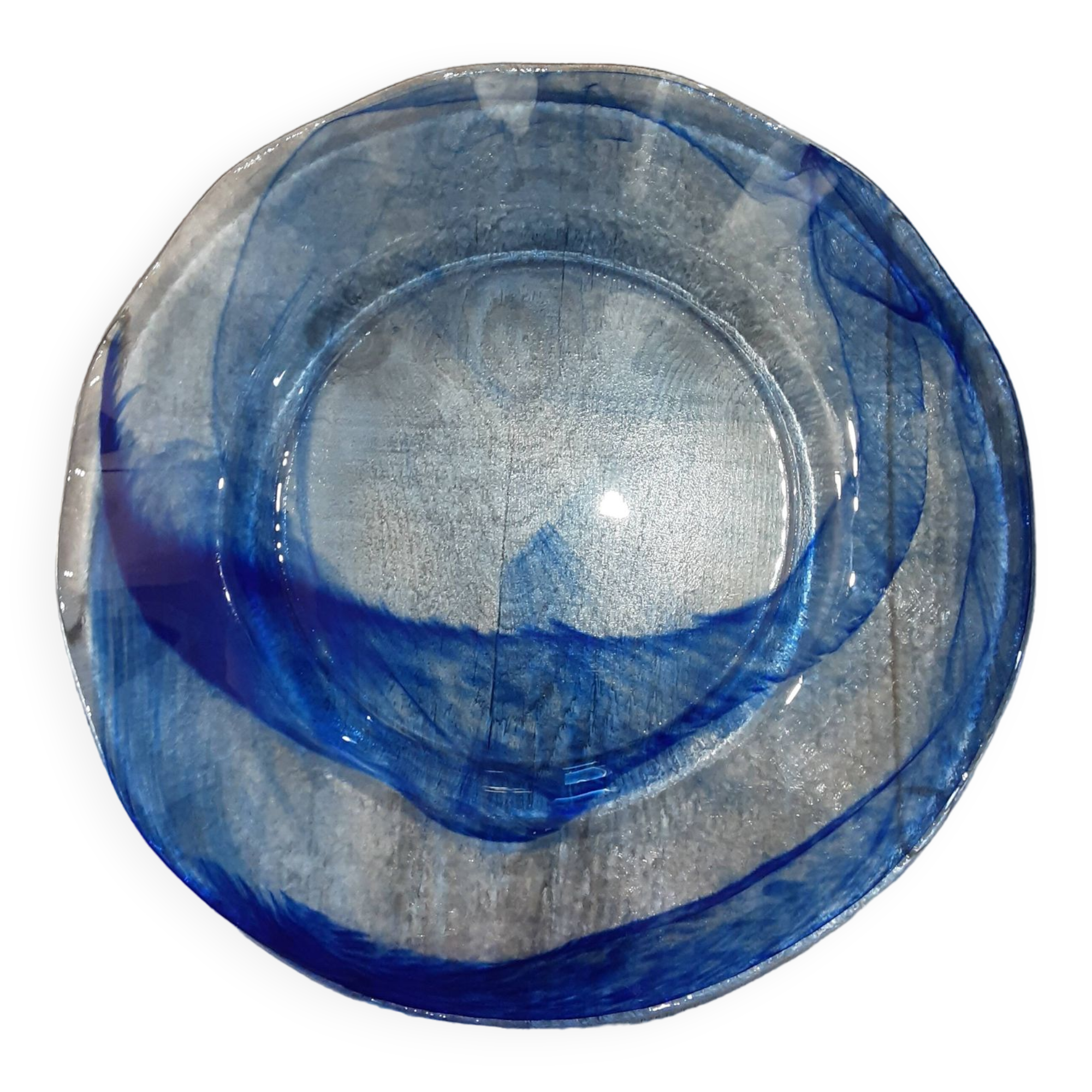 Large round blue crystal dish