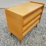 Vintage chest of drawers 3 drawers in oak and rattan - 60s
