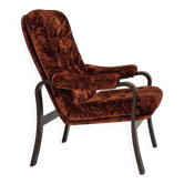 1970s, Danish vintage armchair, furniture velour, bent oak wood.