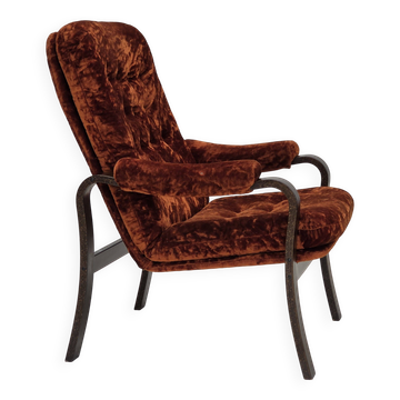 Fauteuil vintage danois des années 1970, velours de mobilier, bois de chêne cintré.