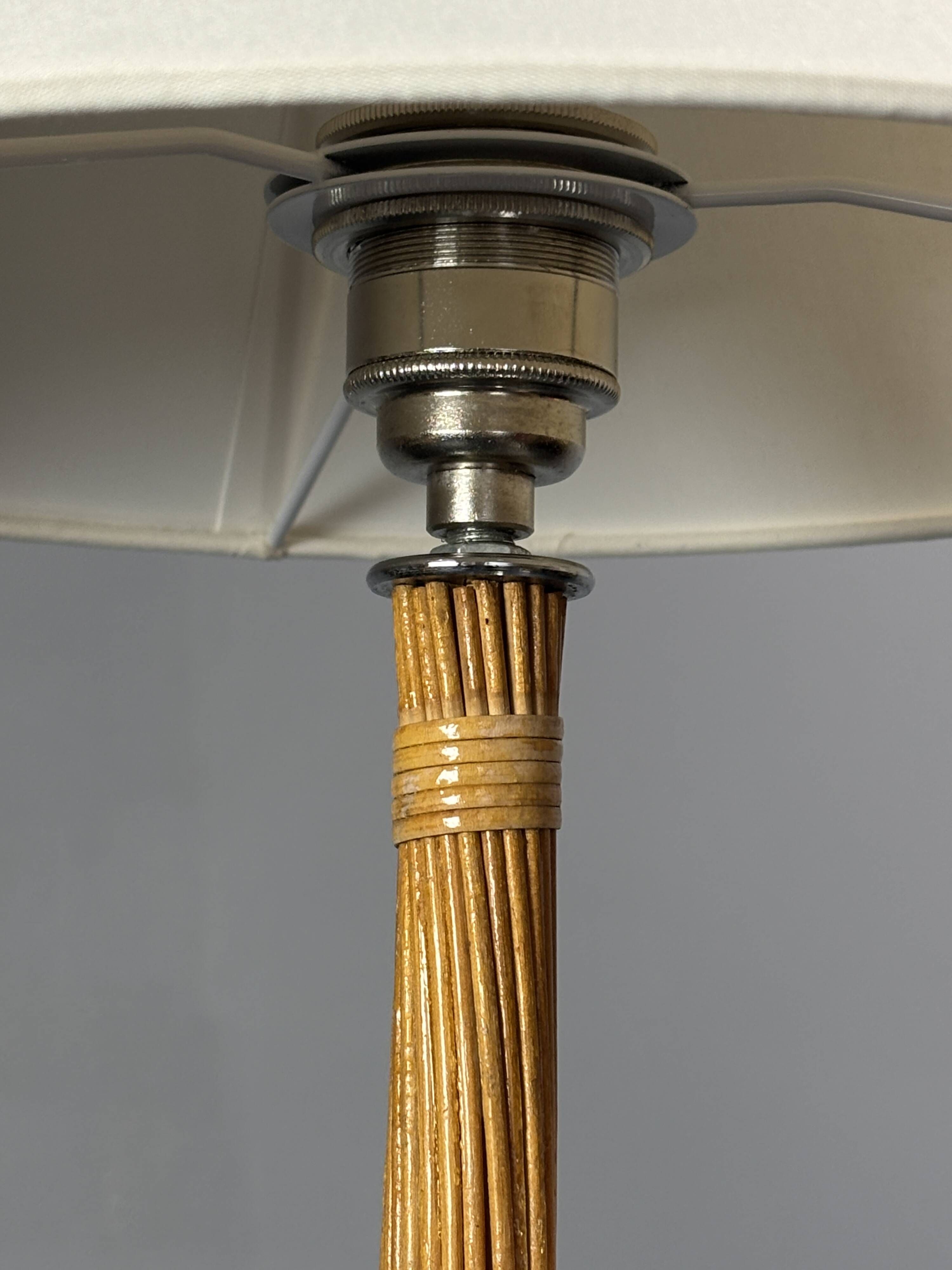 Set of 2 pencil reed rattan bamboo and chrome table lamps, 1980s