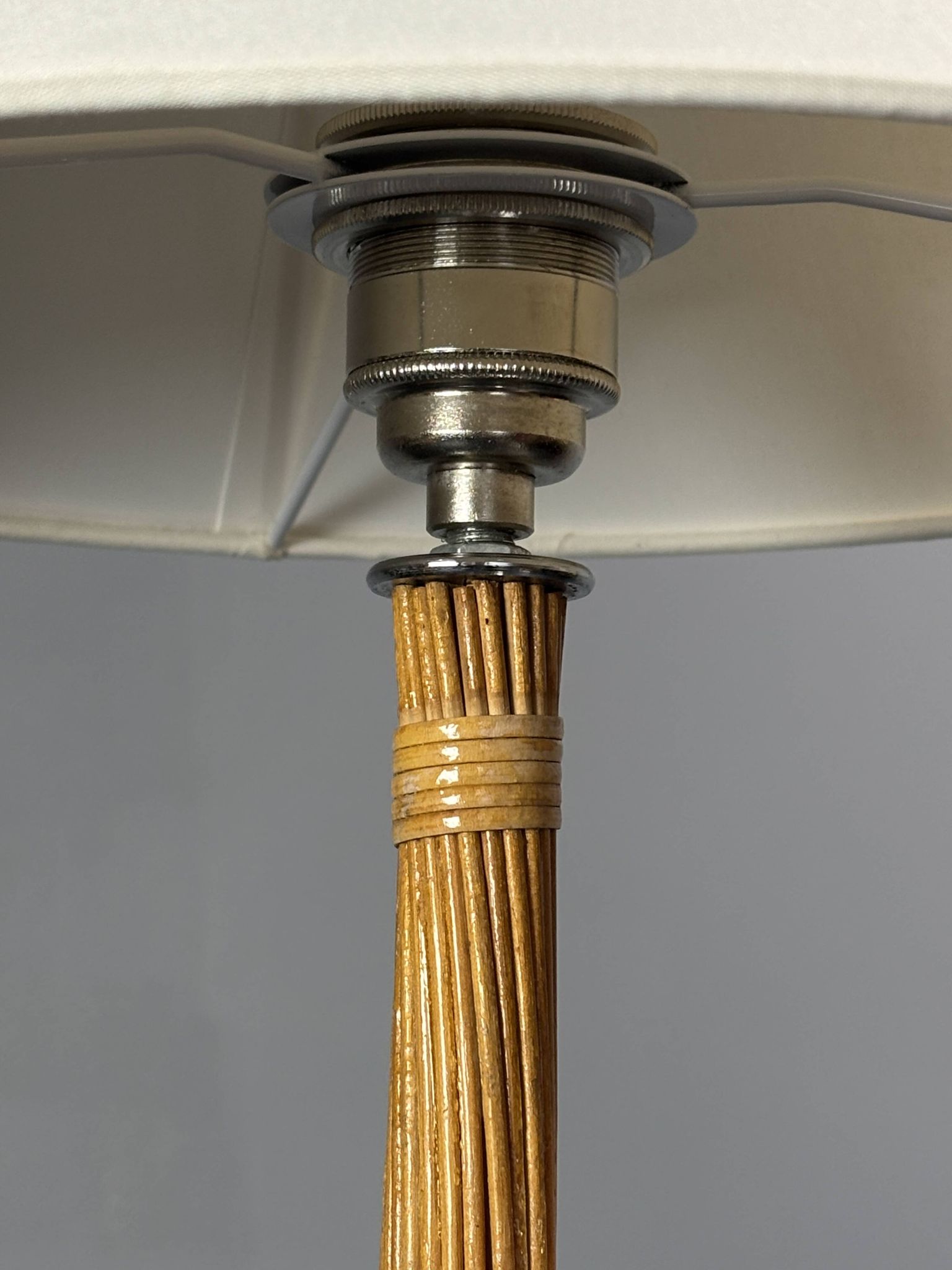 Set of 2 pencil reed rattan bamboo and chrome table lamps, 1980s