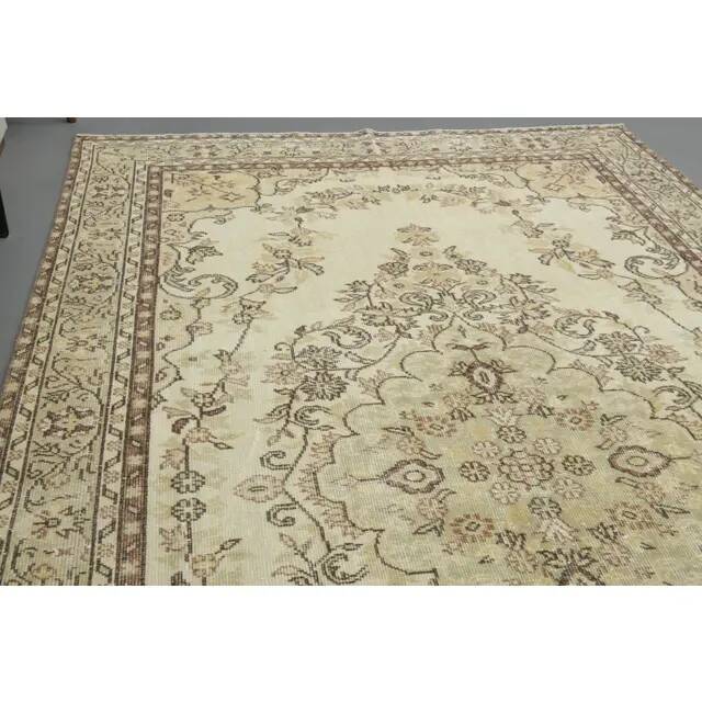 1970s Vintage Turkish Oushak Handmade Wool Cotton Beige Area Rug 186x306
