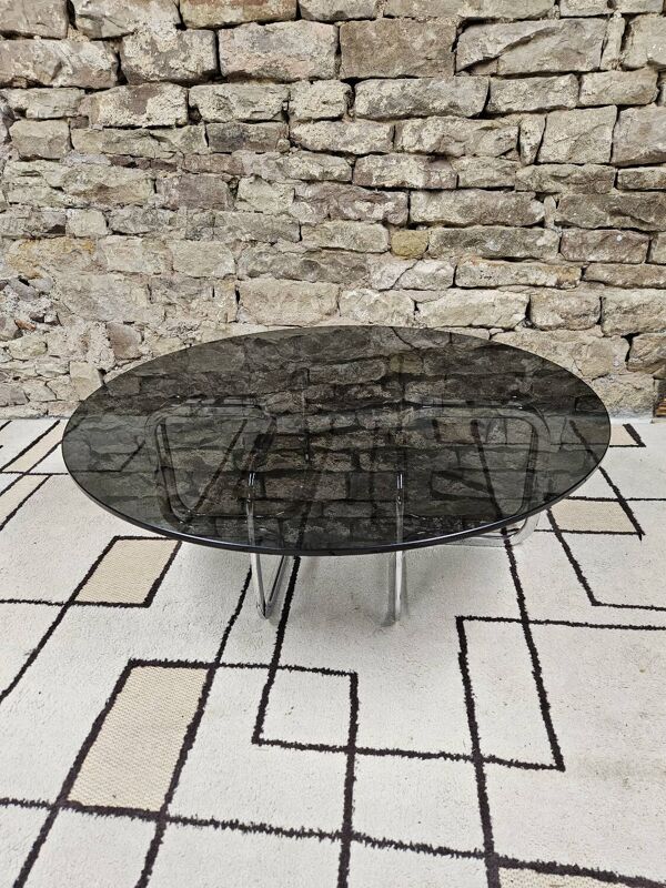 Table basse ronde chromé verre fumé