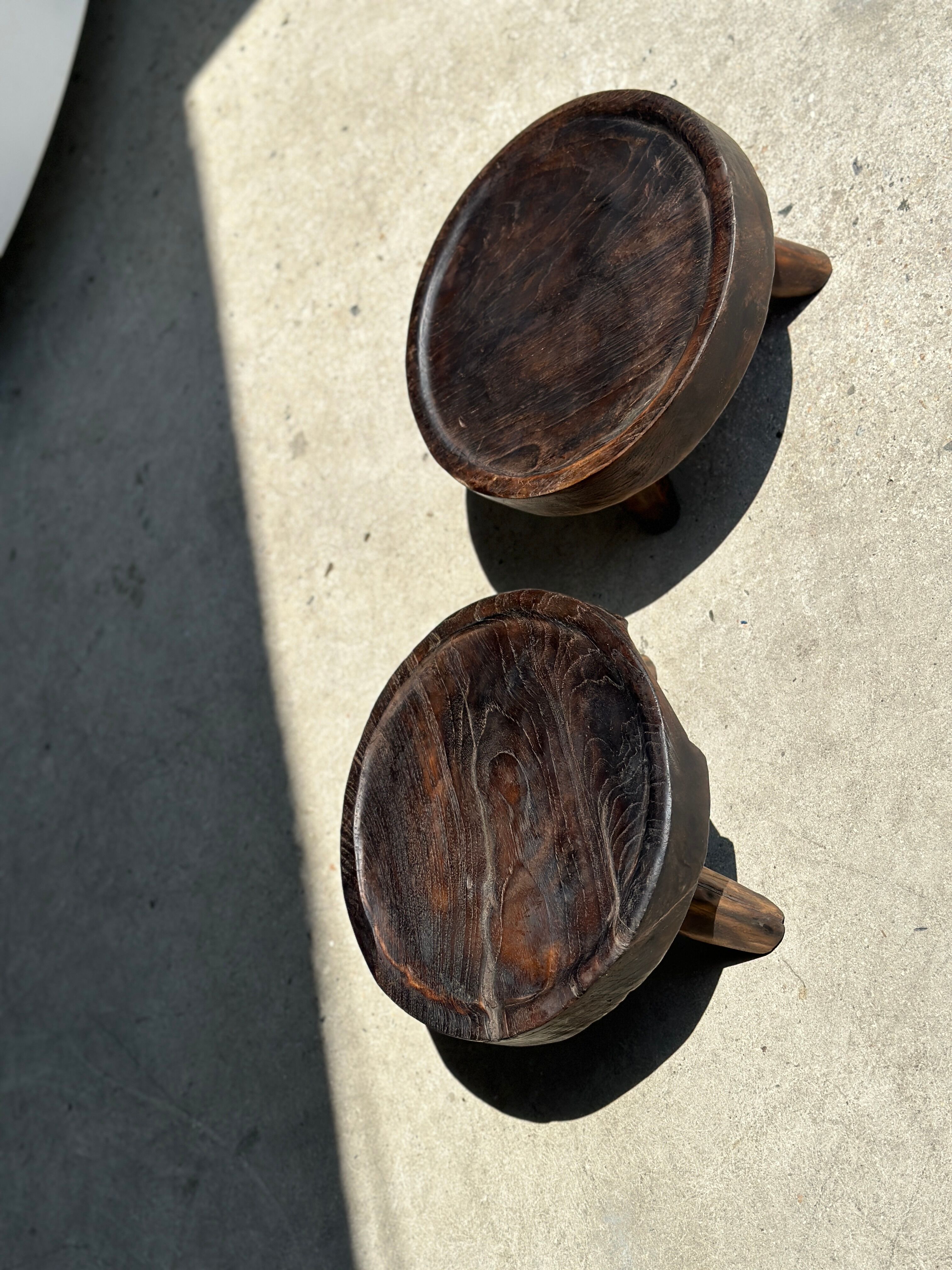 Small tripod stool low in dark brown upcycled teak